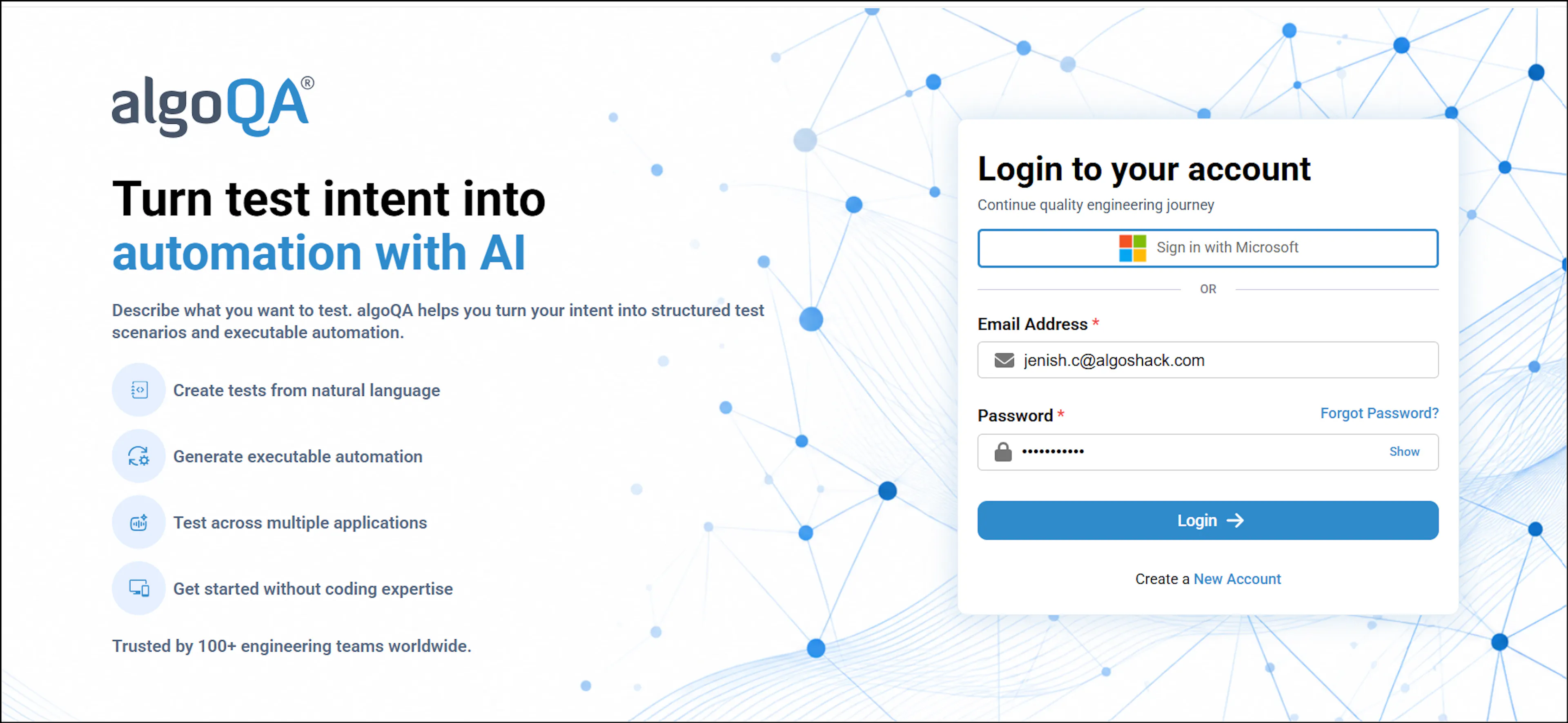 algoQA login page with email and password fields, Log in button, and Sign in with Microsoft button