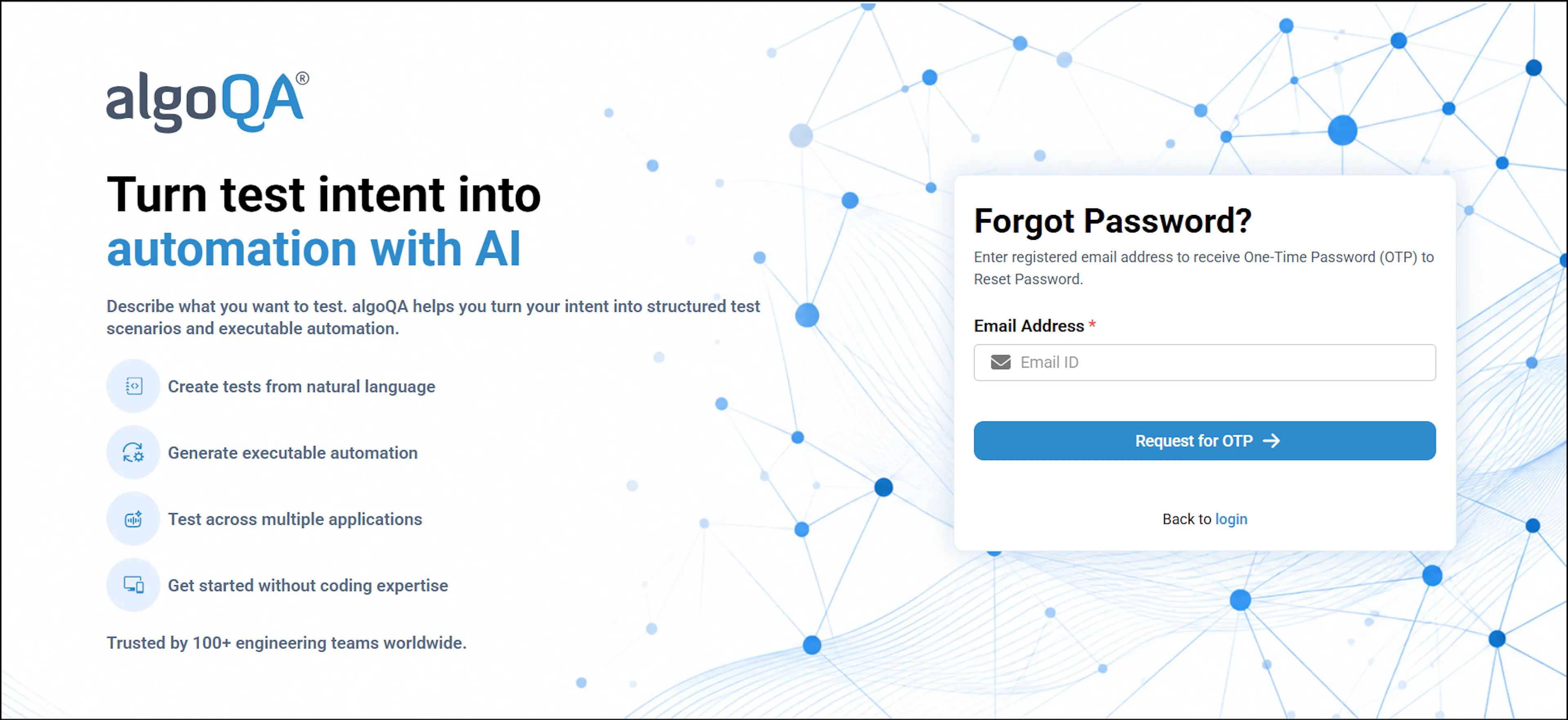 Forgot Password screen showing the email address field and Request OTP button
