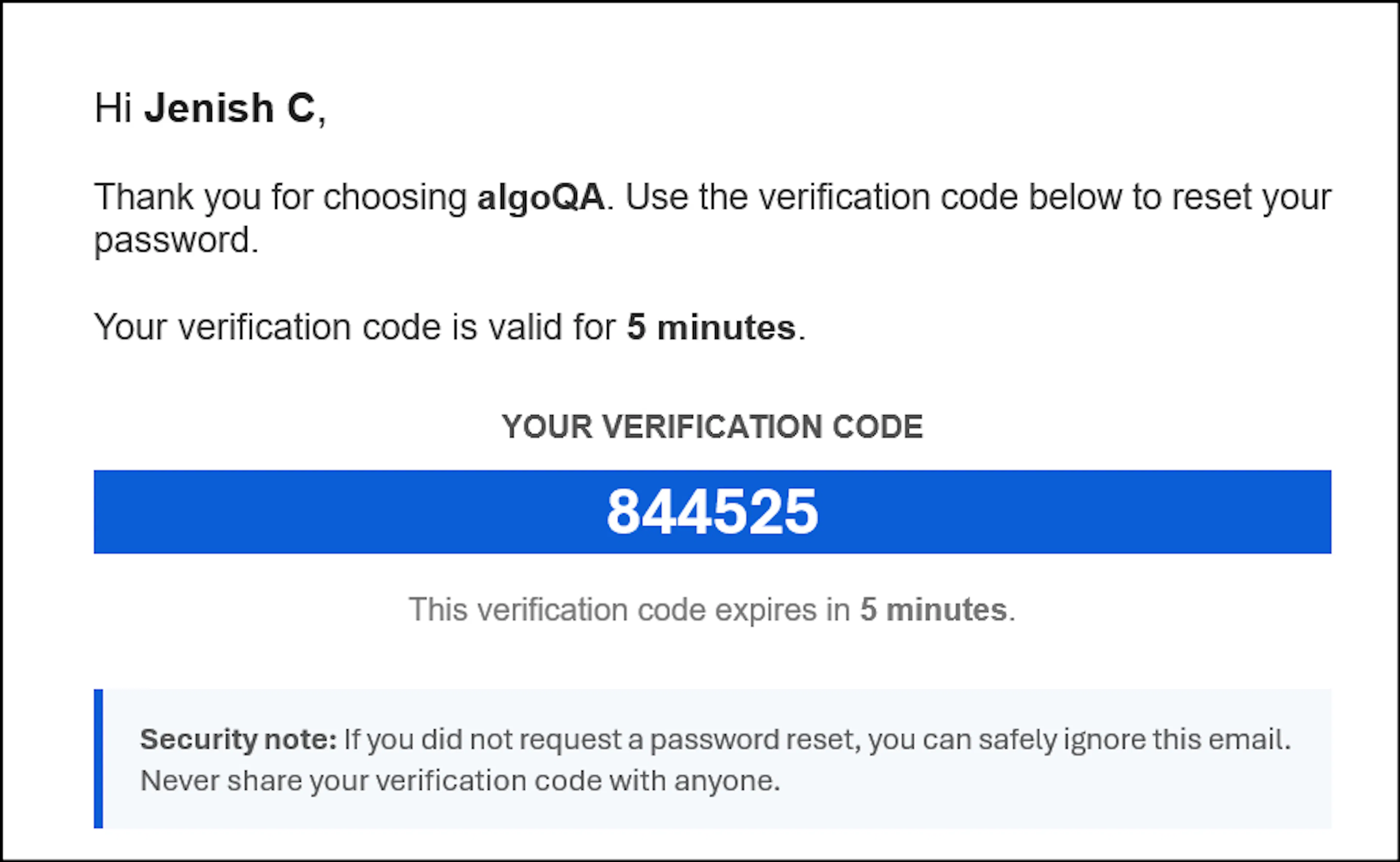 Email notification showing OTP Reset Password subject line