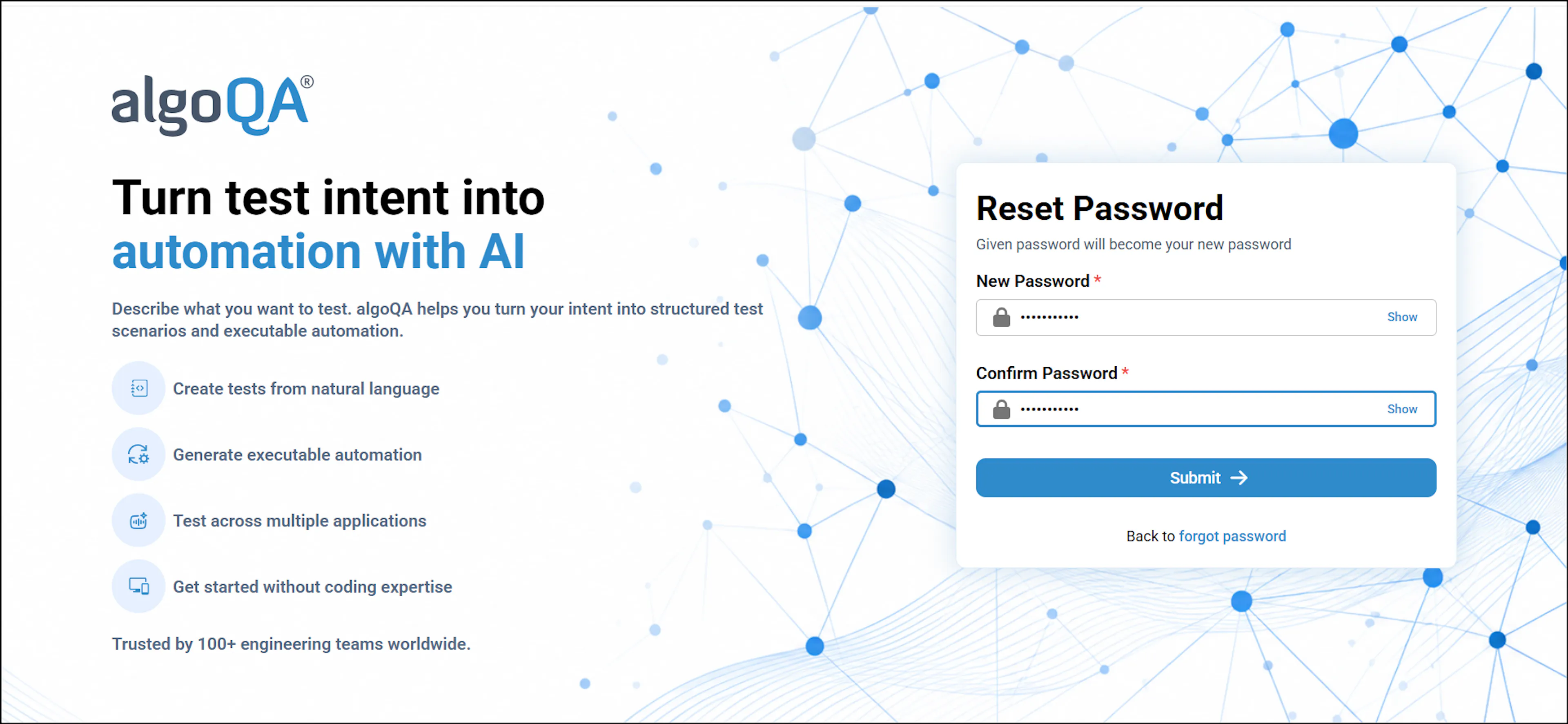 Reset Password screen with new password and confirm password fields