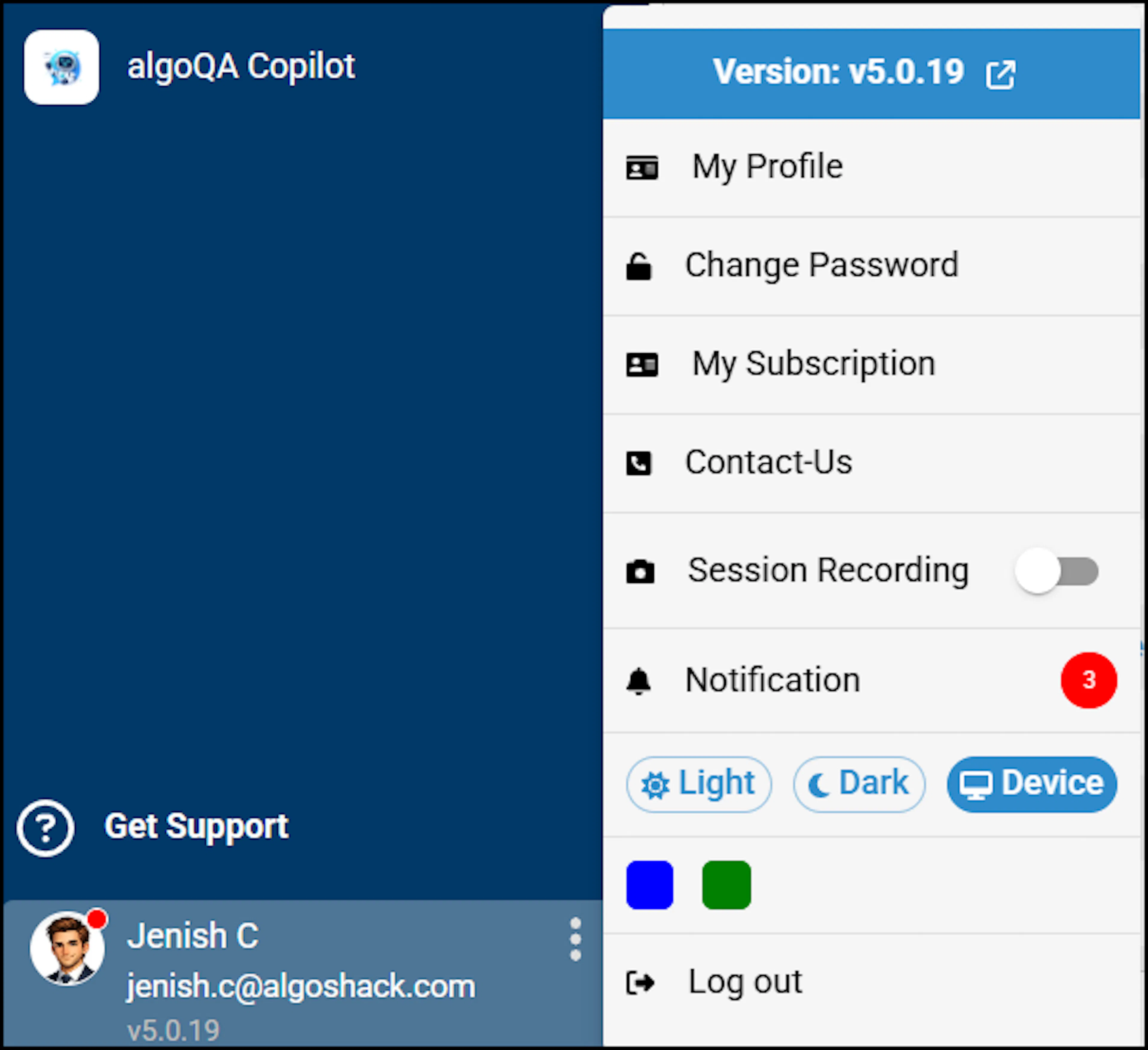 Profile dropdown menu showing Change Password option and current algoQA version