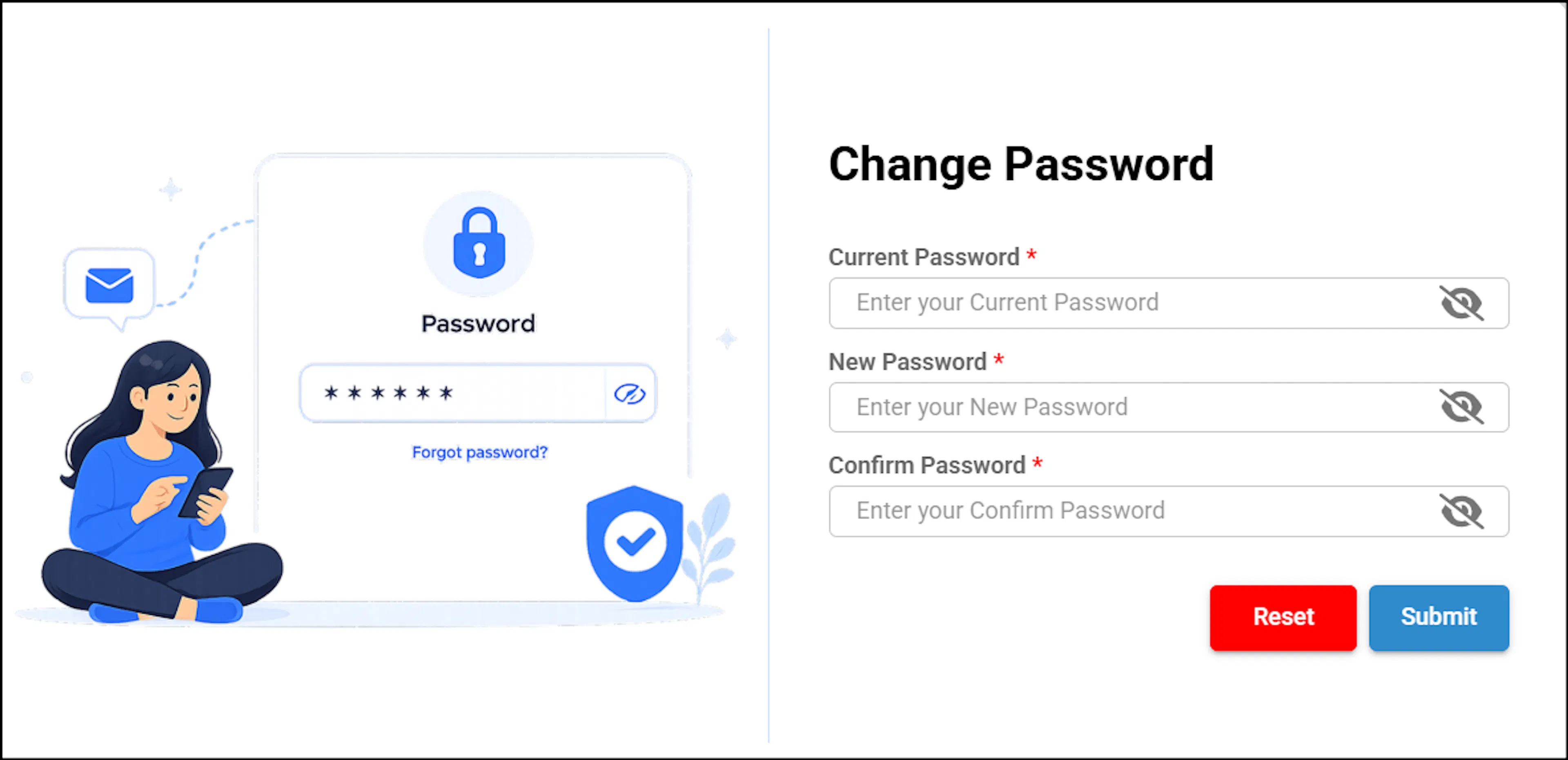 Change Password screen with current password, new password, and confirm password fields