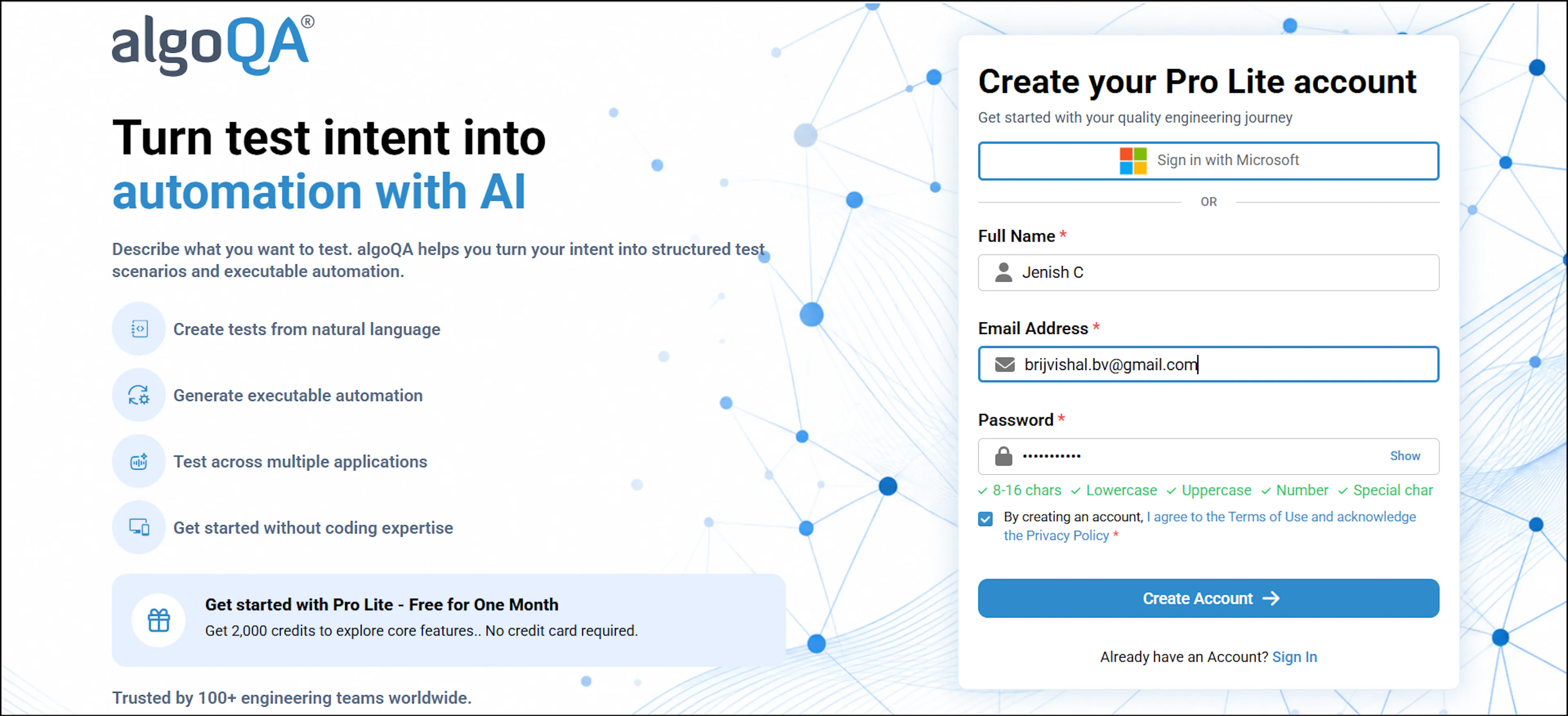 Pro Lite sign-up form with personal detail fields and Create Account button