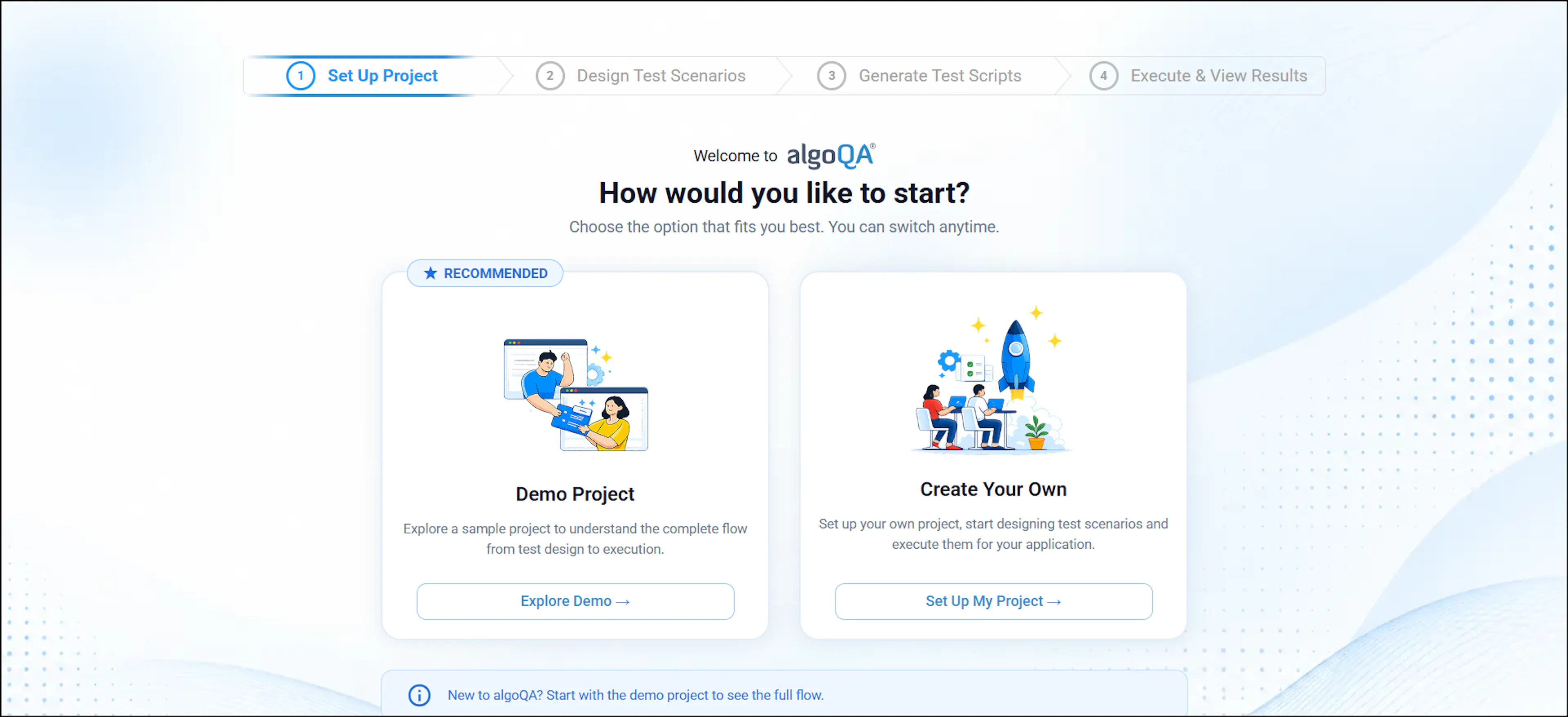 Set Up Project screen with Explore Demo and Set Up My Project options