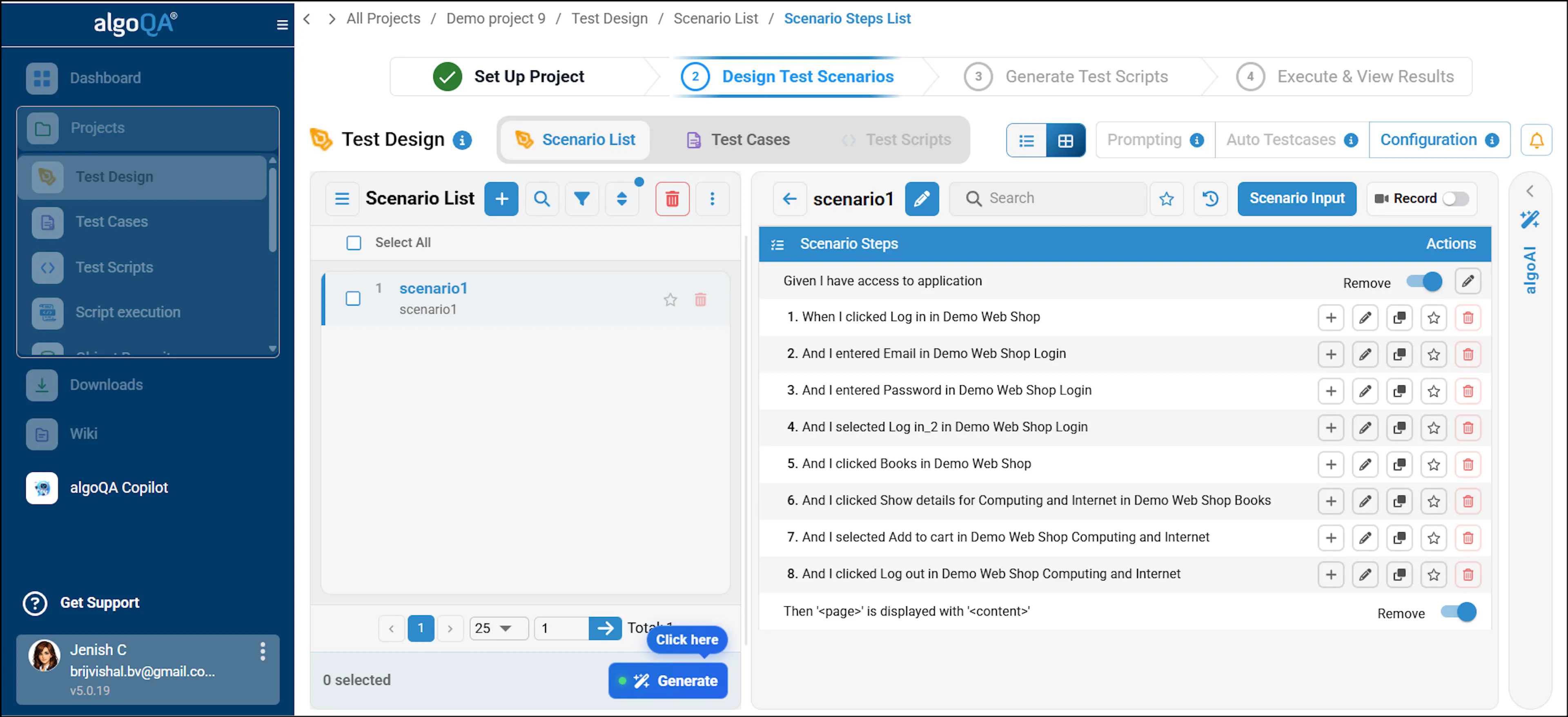Test Design screen showing scenario list and scenario steps