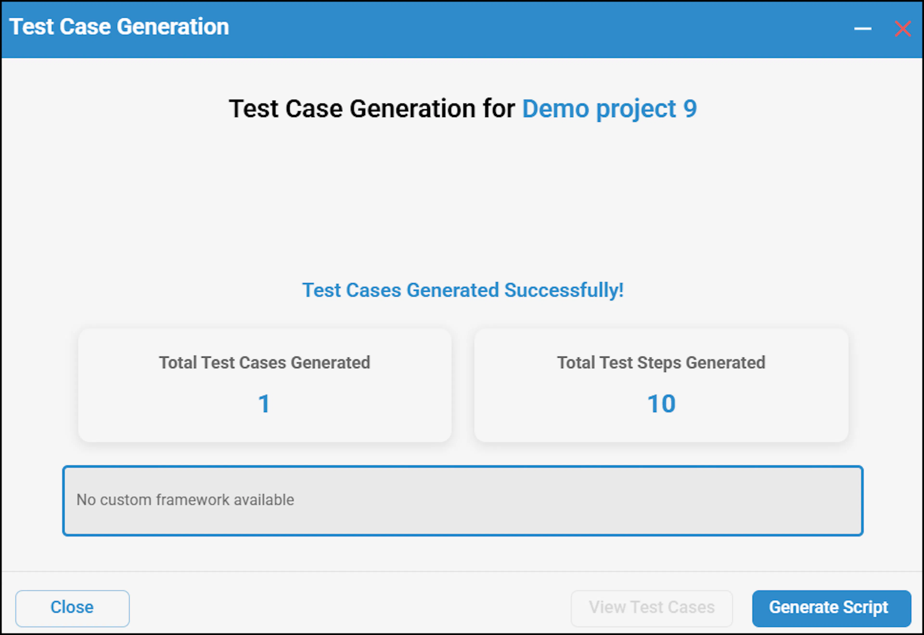 Test case generation success confirmation pop-up