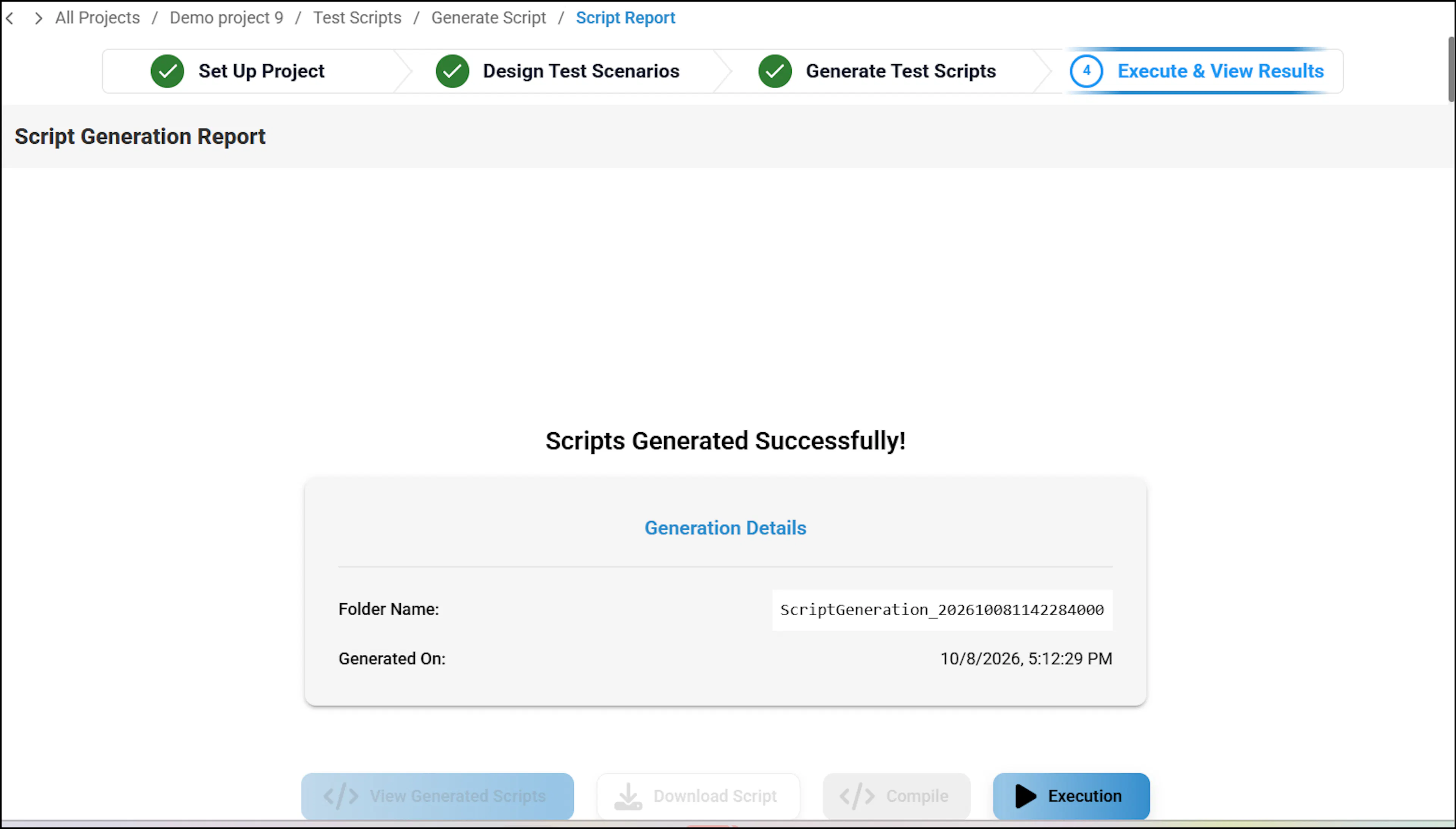 Script generated successfully screen with Execute button