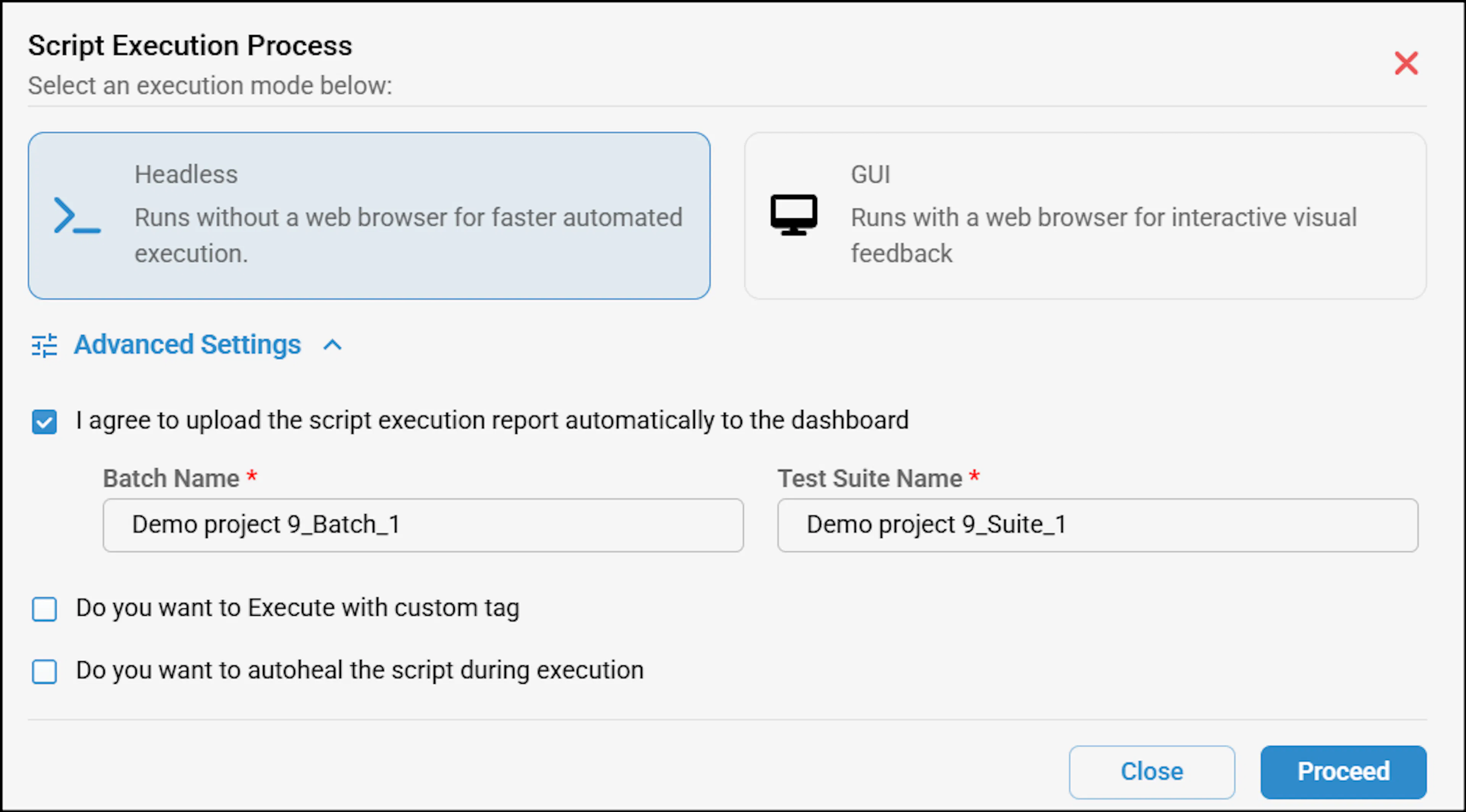 Execution configuration dialog with headless mode, batch name, and auto-heal options
