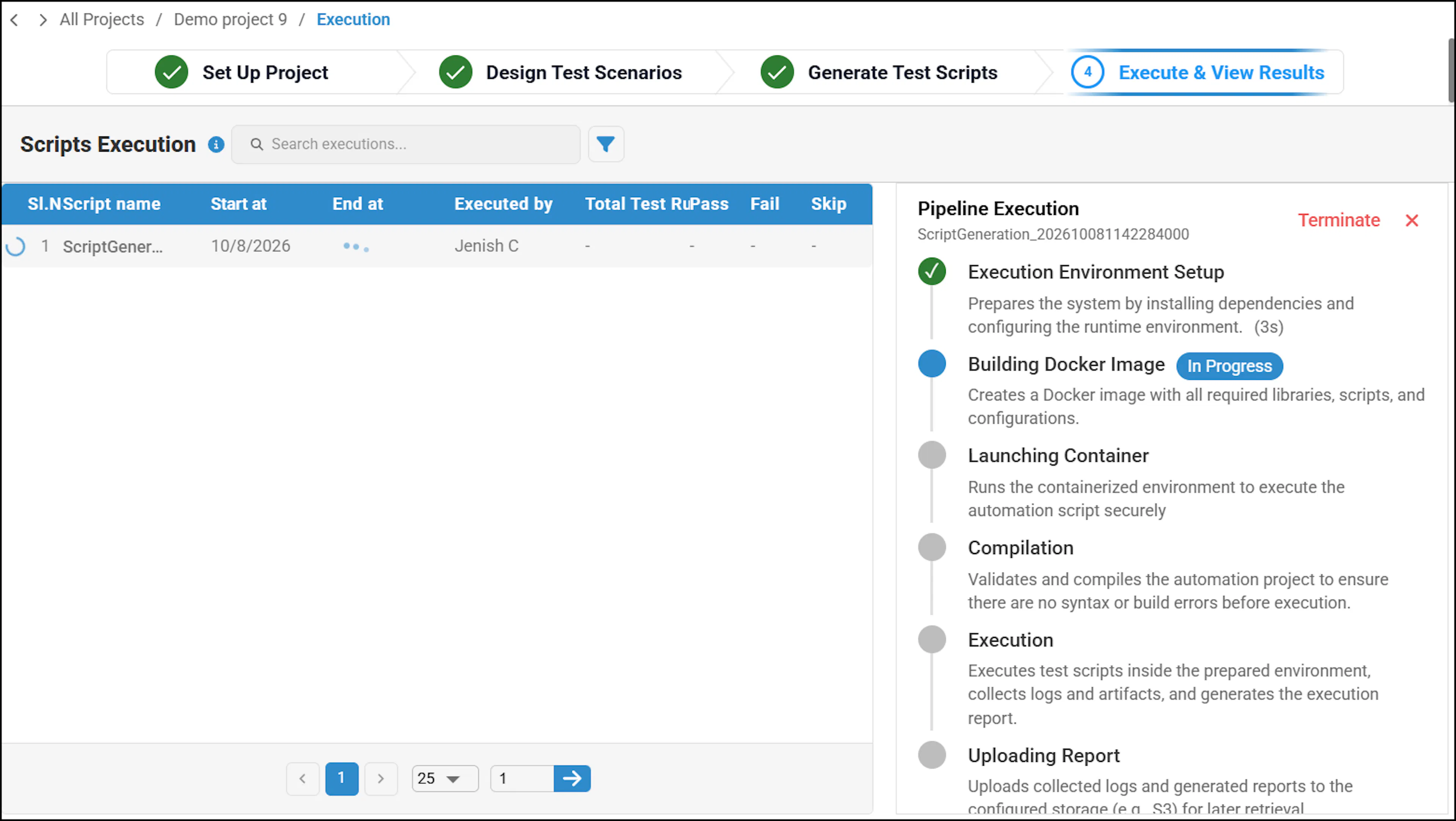 Execution pipeline view showing script execution progress