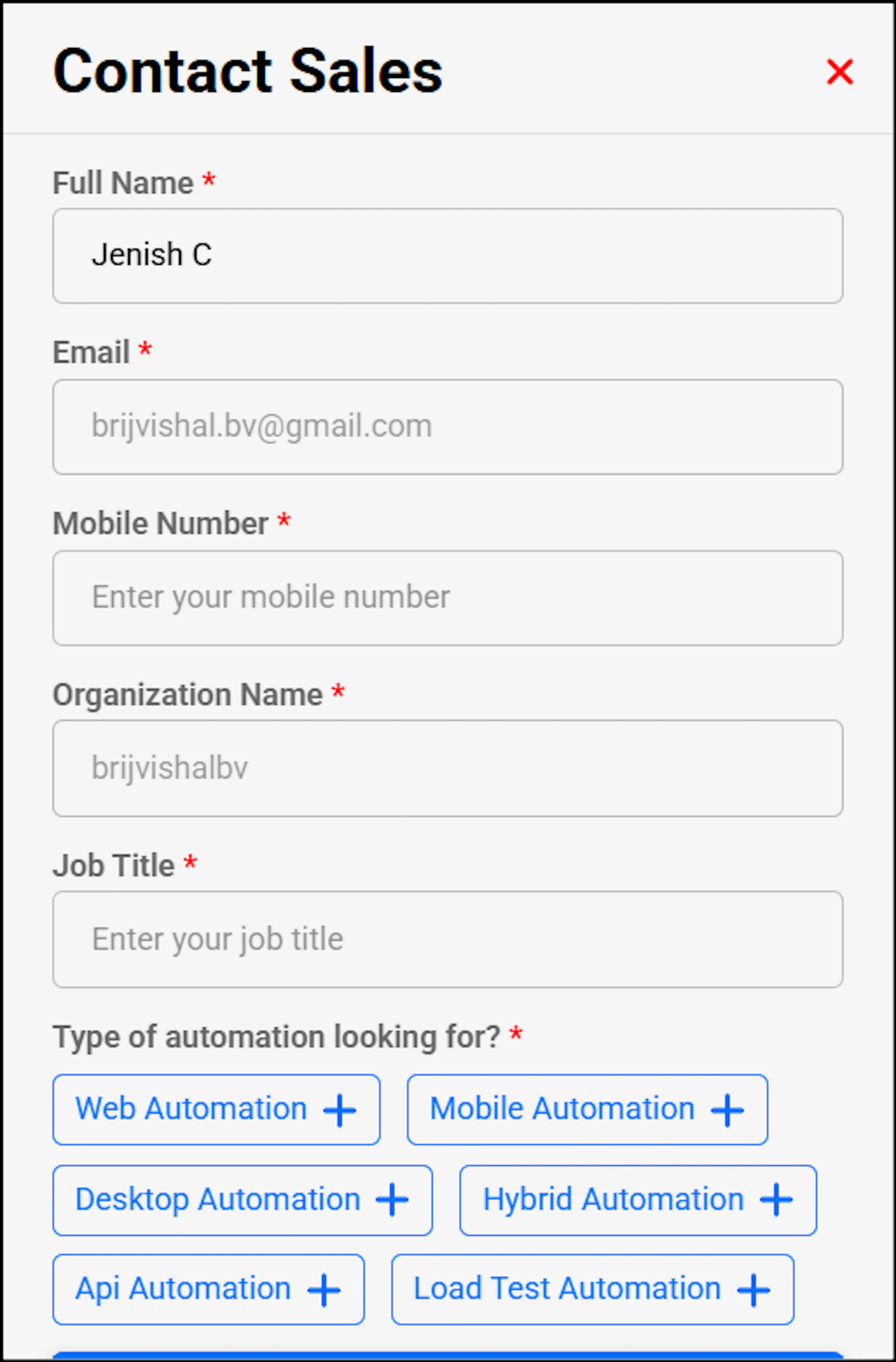 Contact Sales pop-up form with name, email, mobile, organization, and job title fields