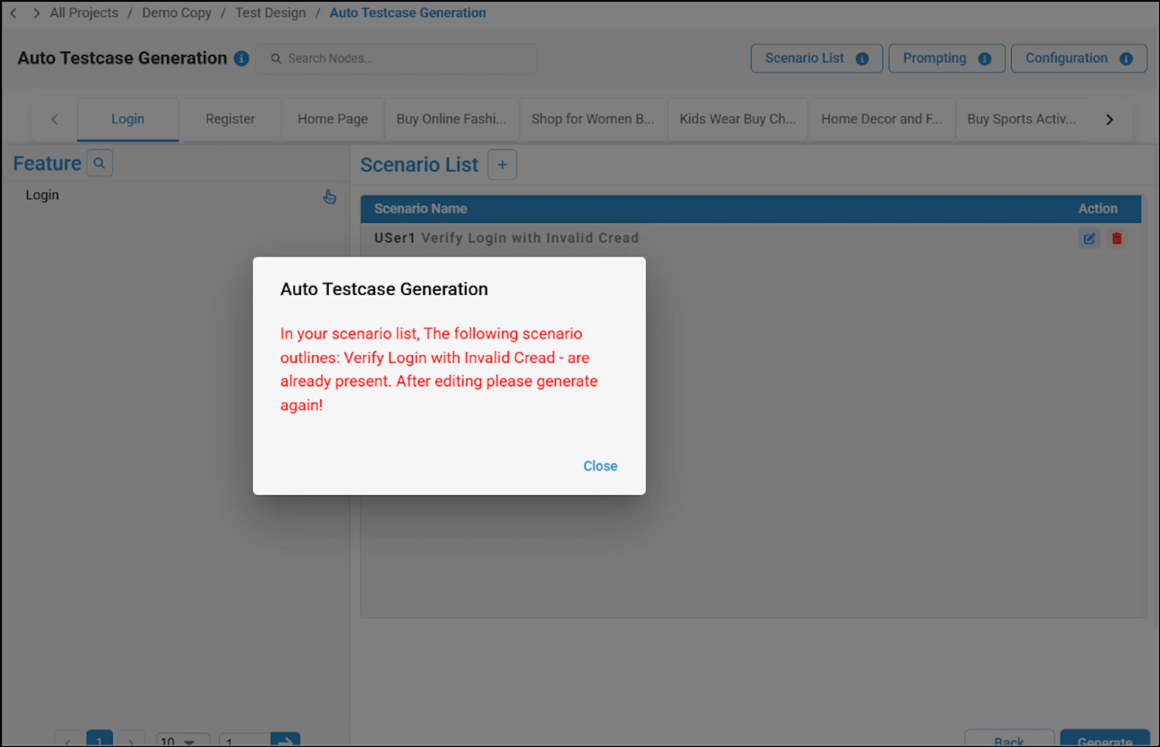 Duplicate scenario outline notification in Auto Test Case Generation