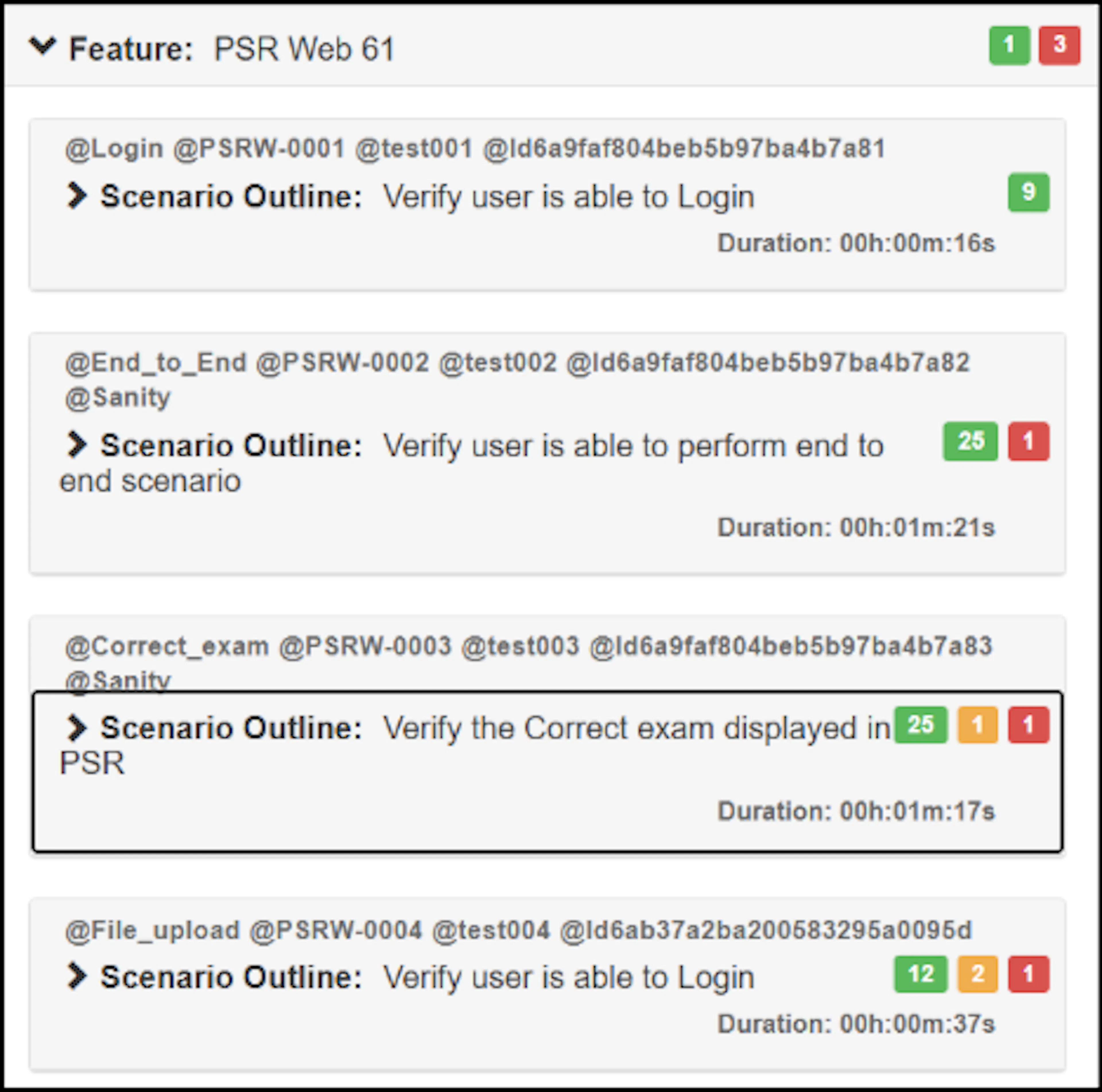 Feature detail view showing scenario outline and execution duration after clicking a feature in the TypeScript Playwright report