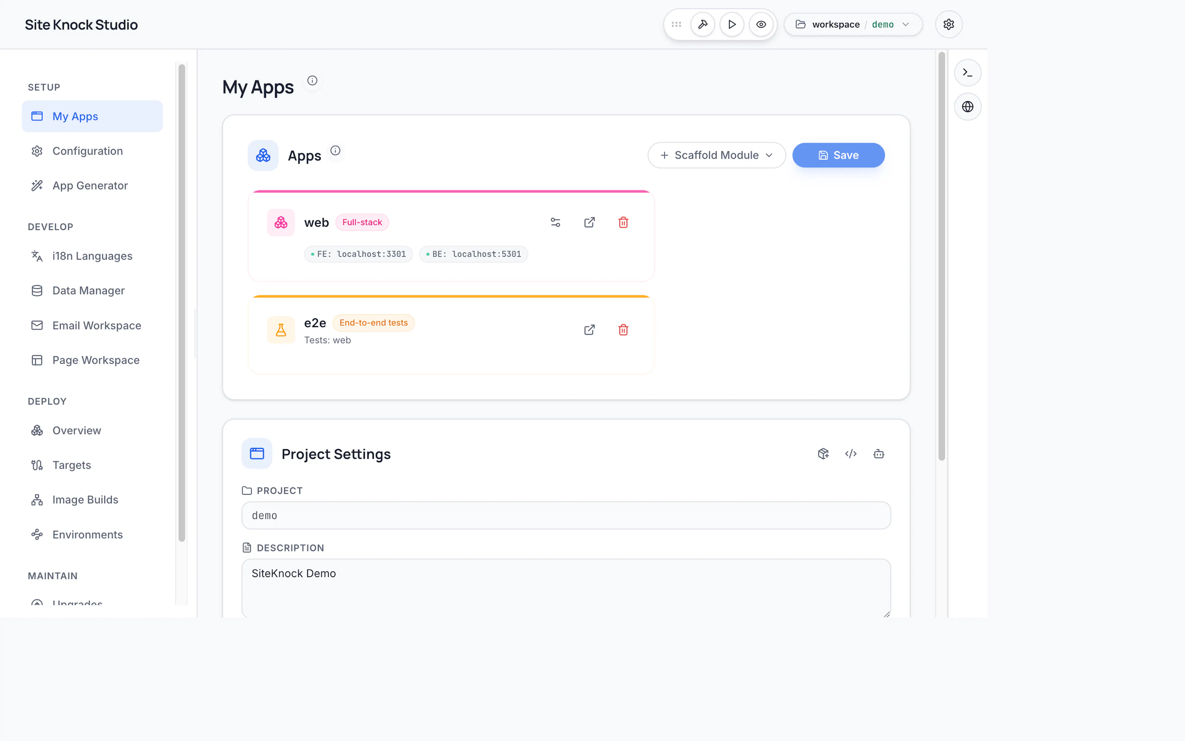 The My Apps view with a project's apps and project settings in SiteKnock Studio