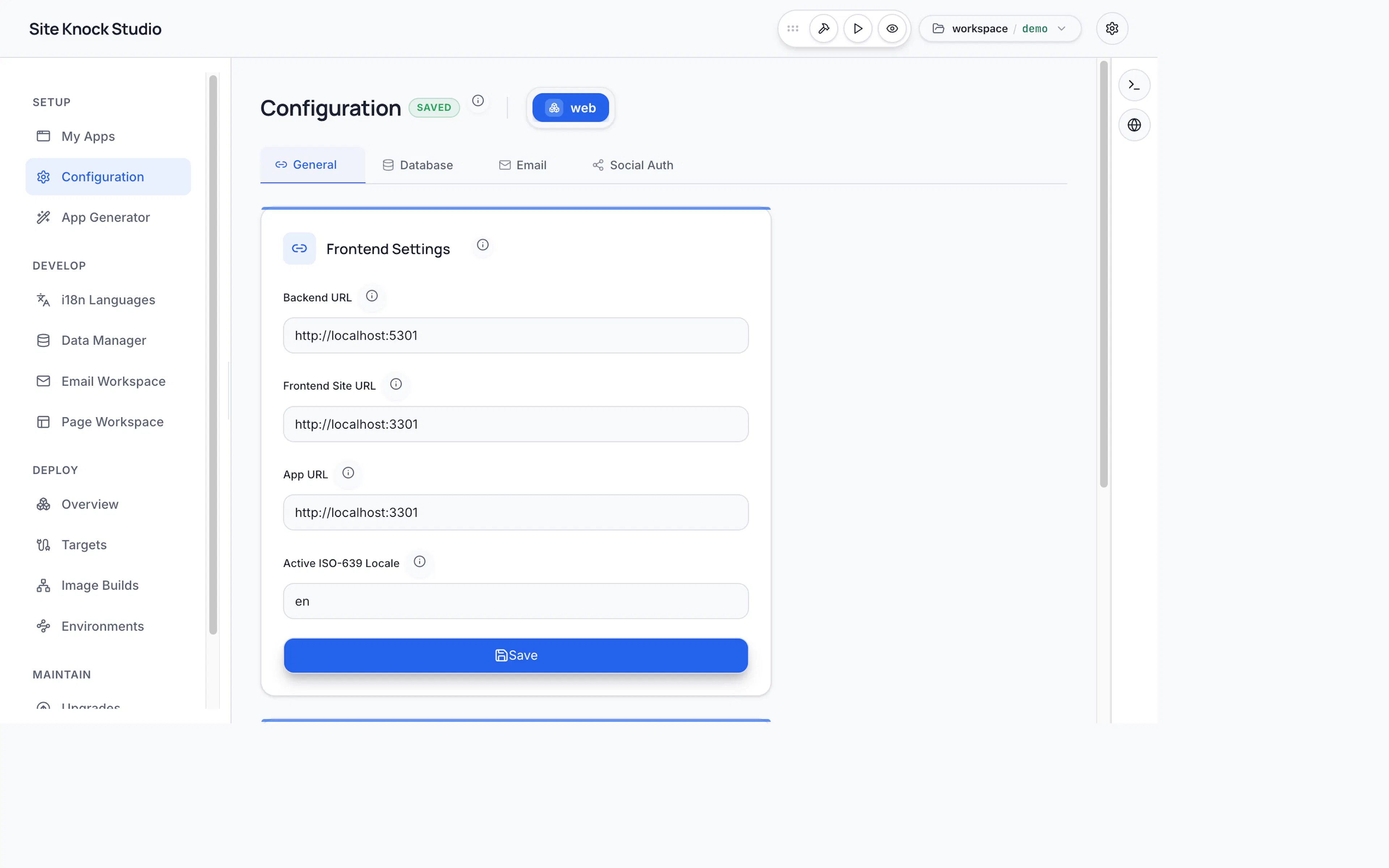Feature configuration tabs in SiteKnock Studio
