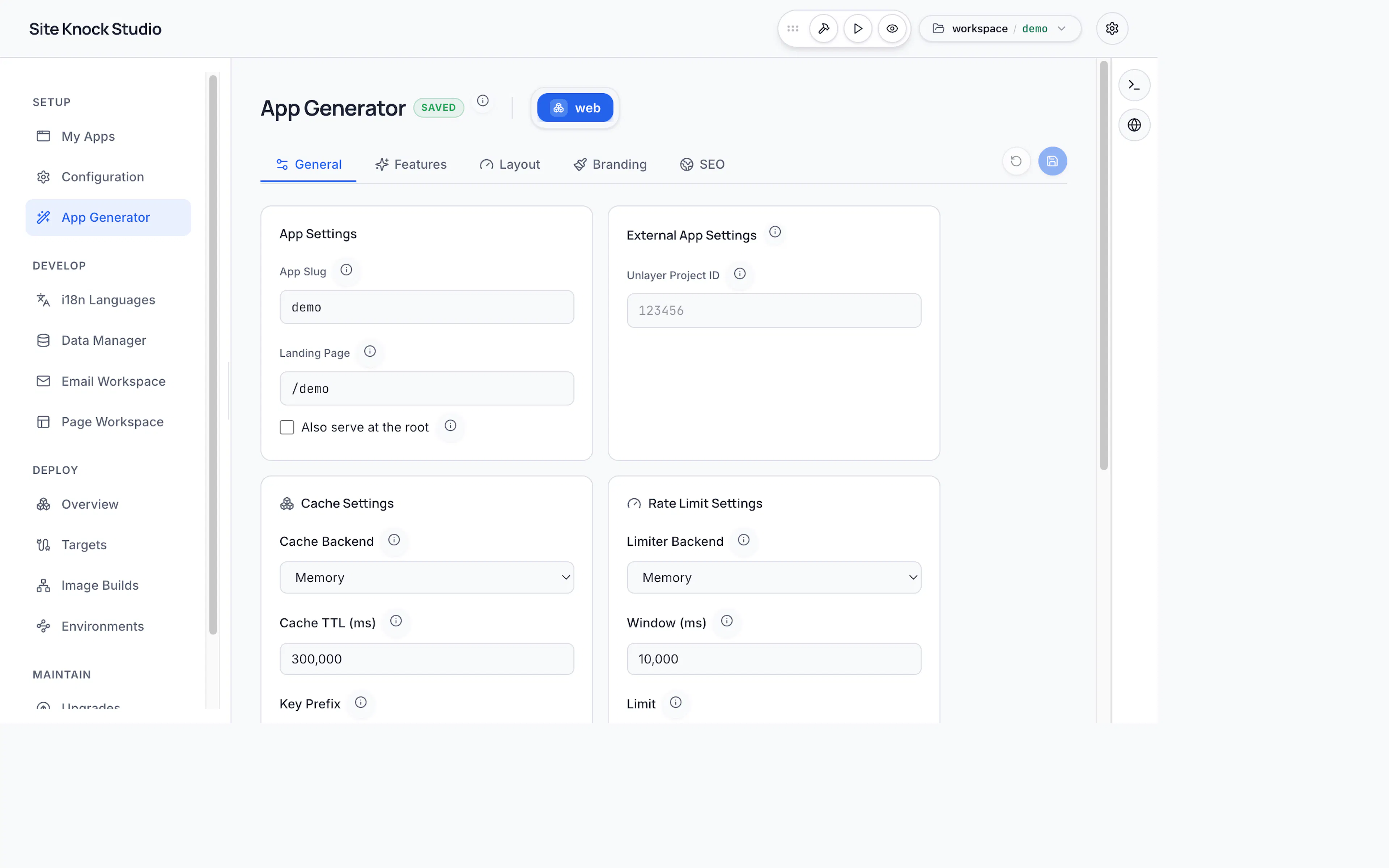 Configuring an app in the SiteKnock Studio App Generator
