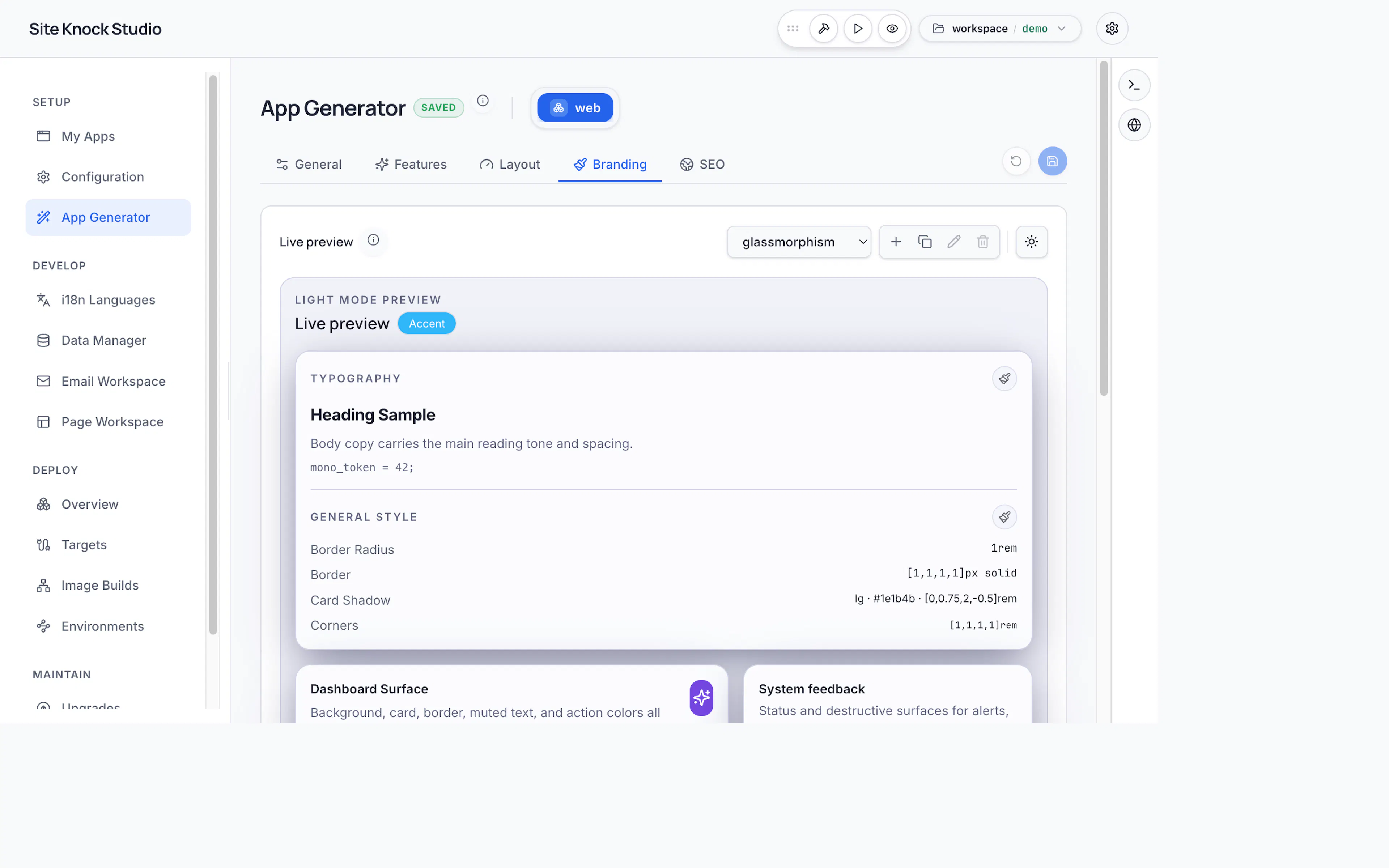 A live theme preview in the SiteKnock Studio branding editor