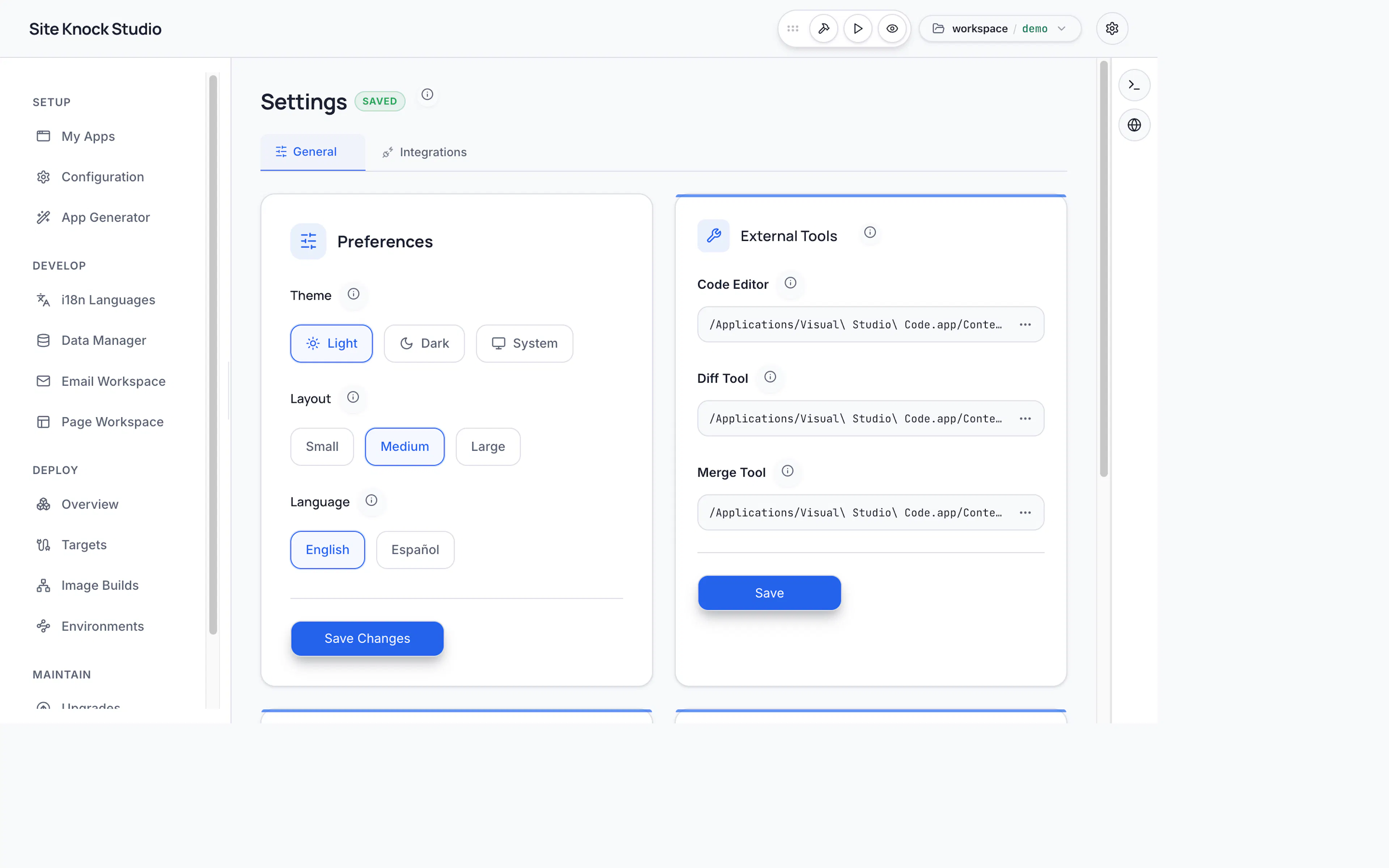 Studio settings with preferences and external tool integrations