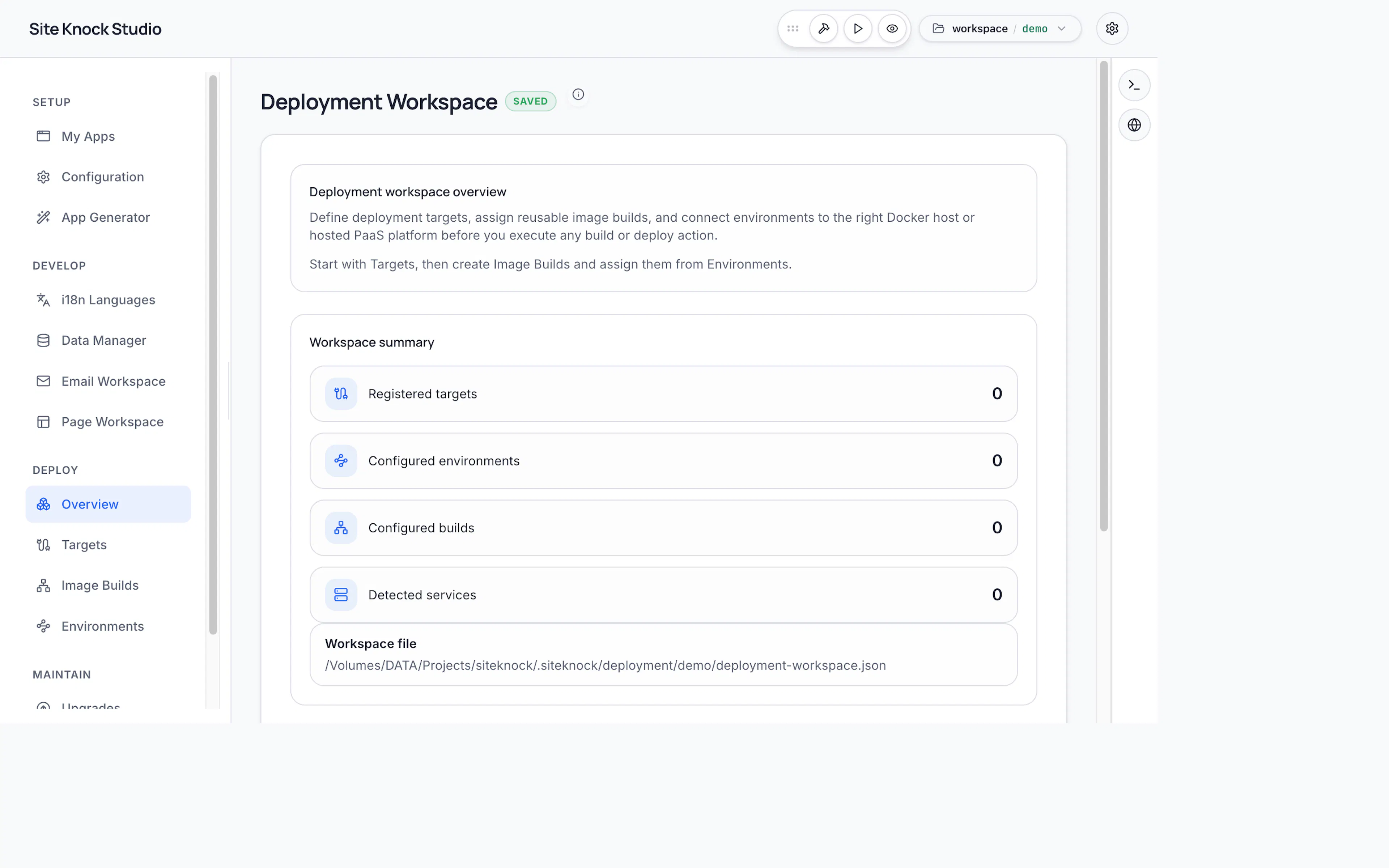 The deployment workspace in SiteKnock Studio