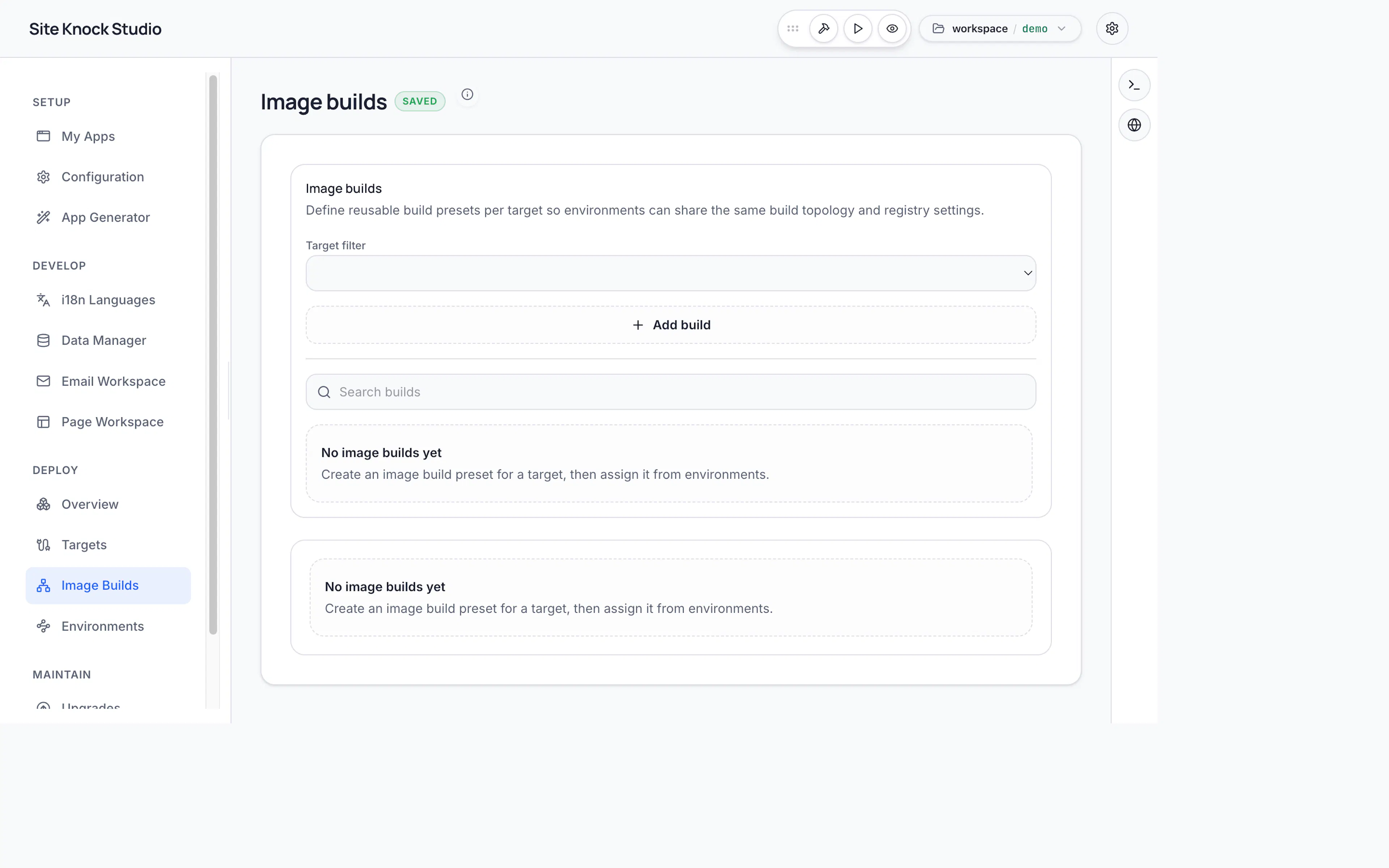 Container image builds in SiteKnock Studio