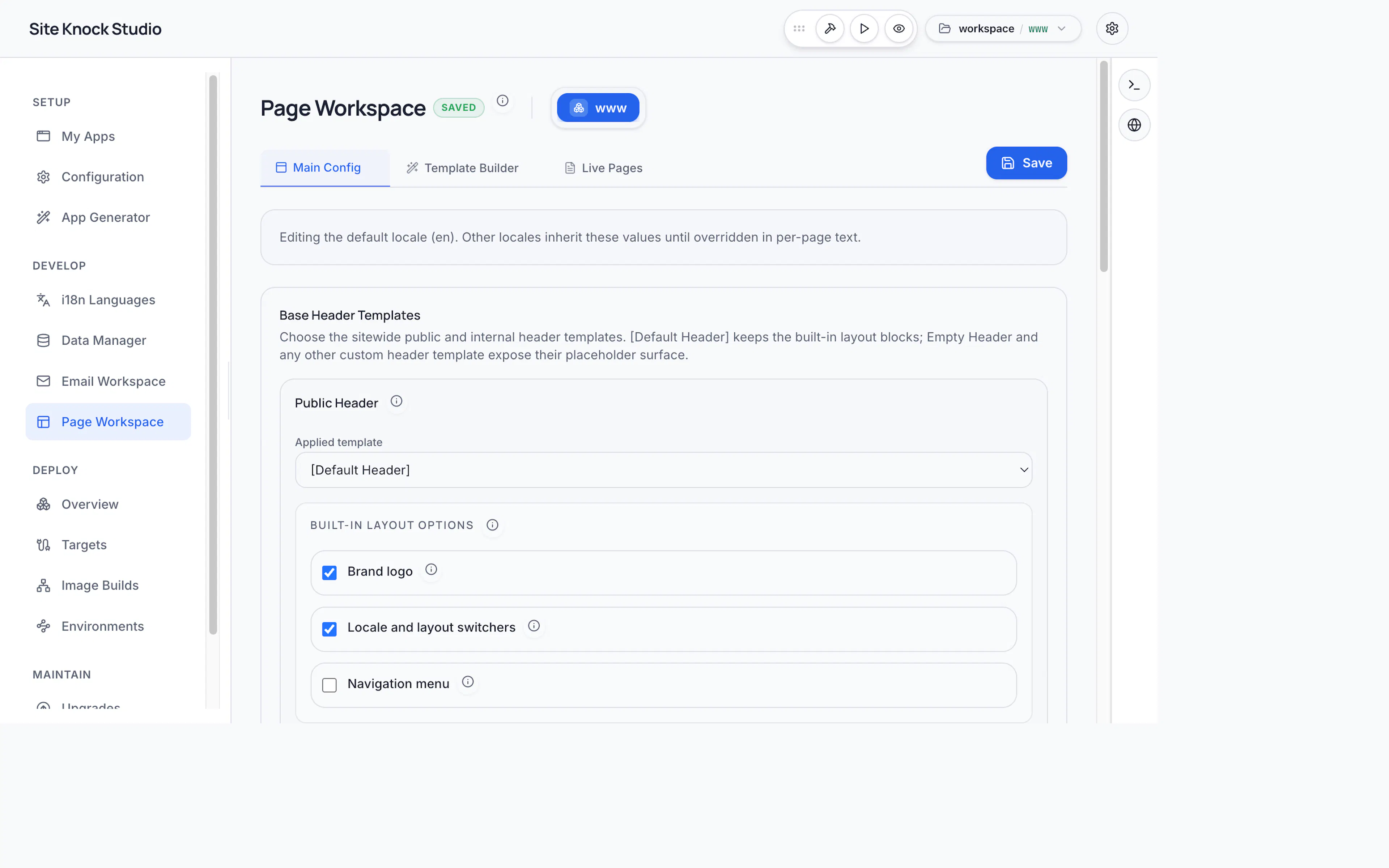 The Page Workspace with header templates and the template builder in SiteKnock Studio