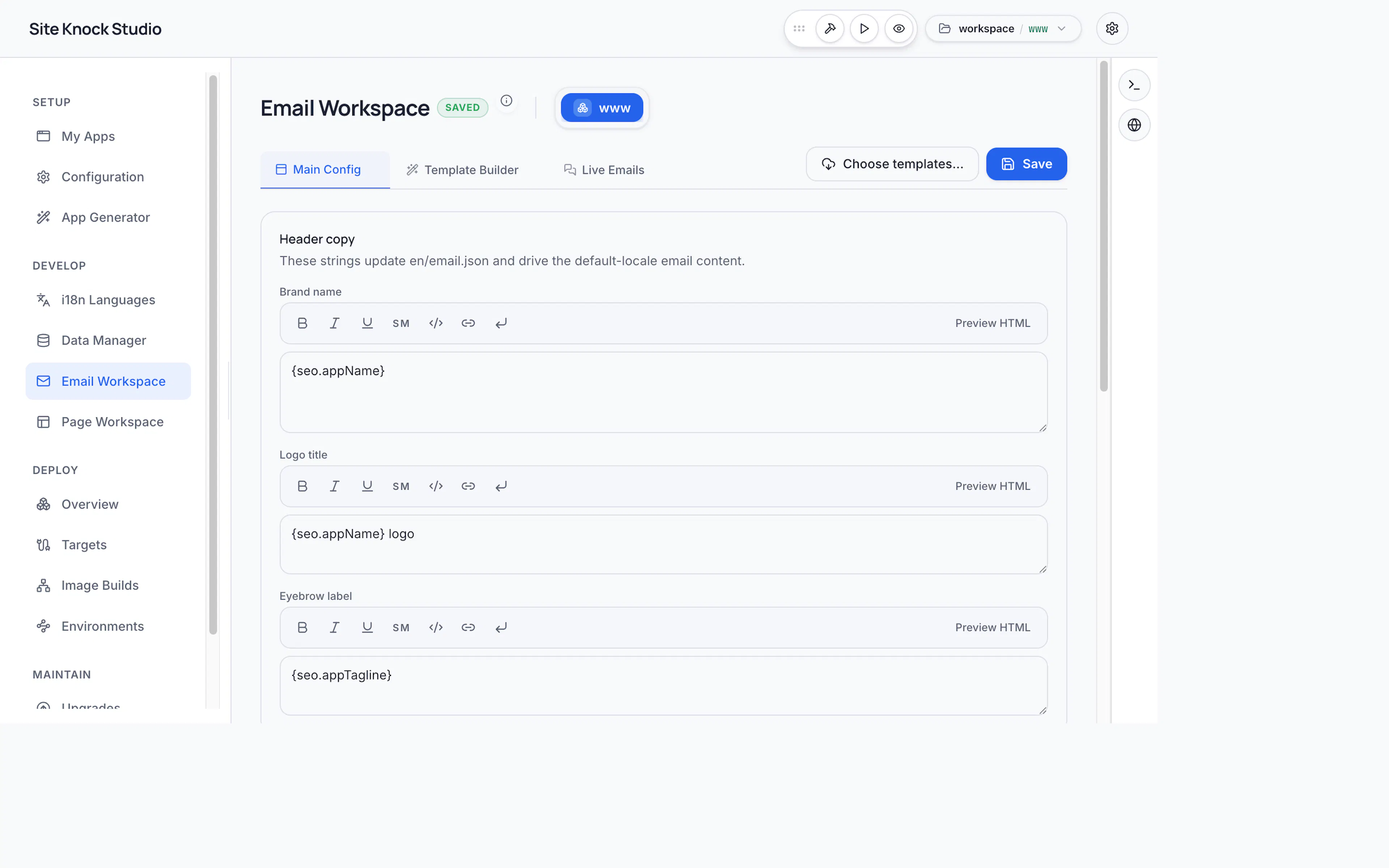 The Email Workspace with message copy editors and the template builder in SiteKnock Studio