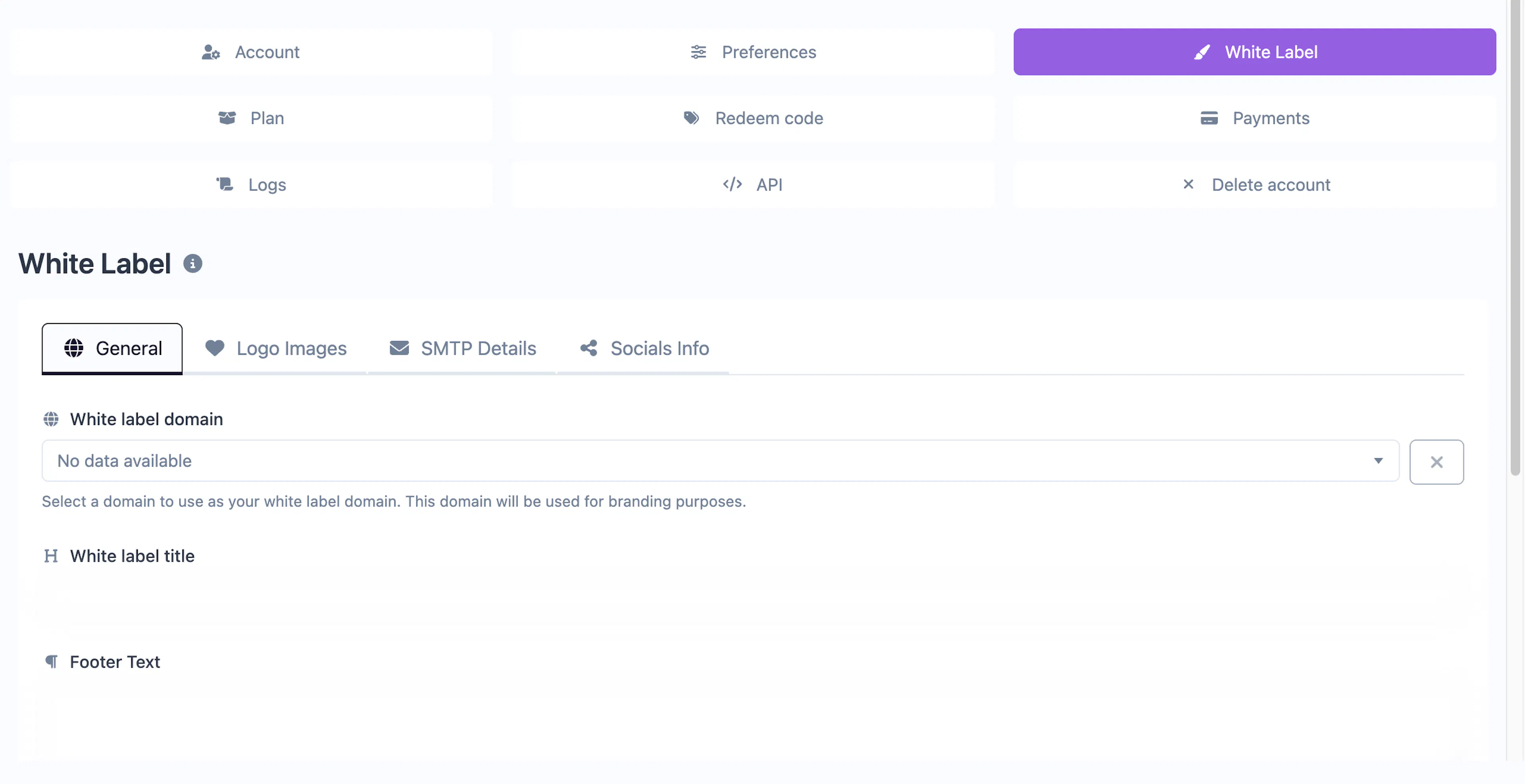 White label settings page for custom branding configuration