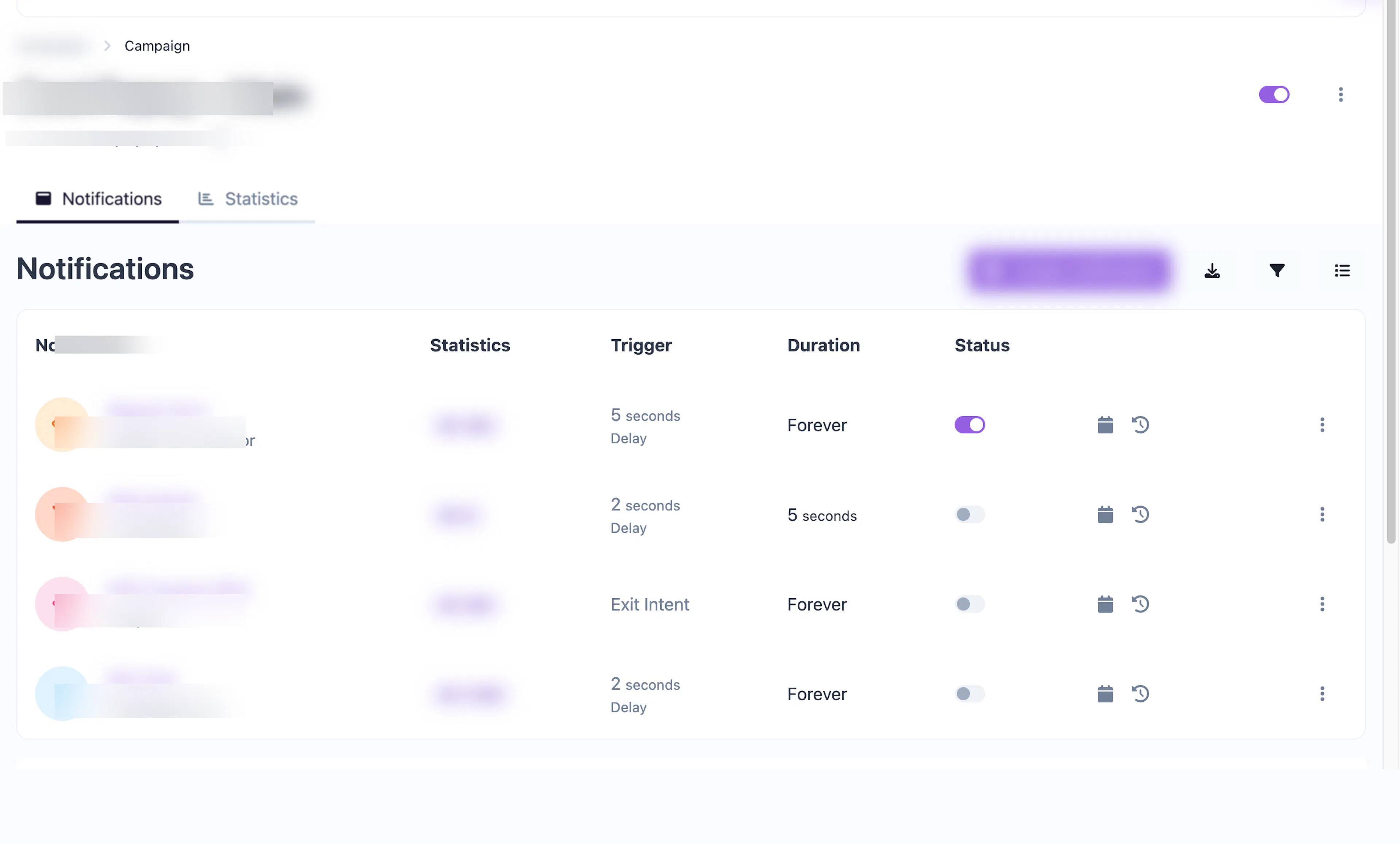 Cool Popup campaign detail page showing the notification list with type icons, triggers, duration, and status toggles