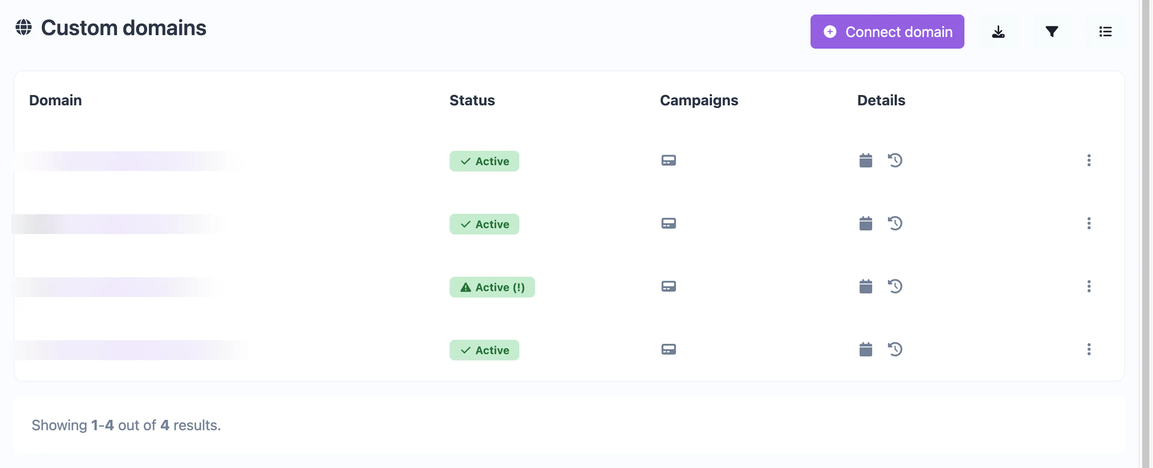 Cool Popup custom domains page showing the connect domain action and domain list