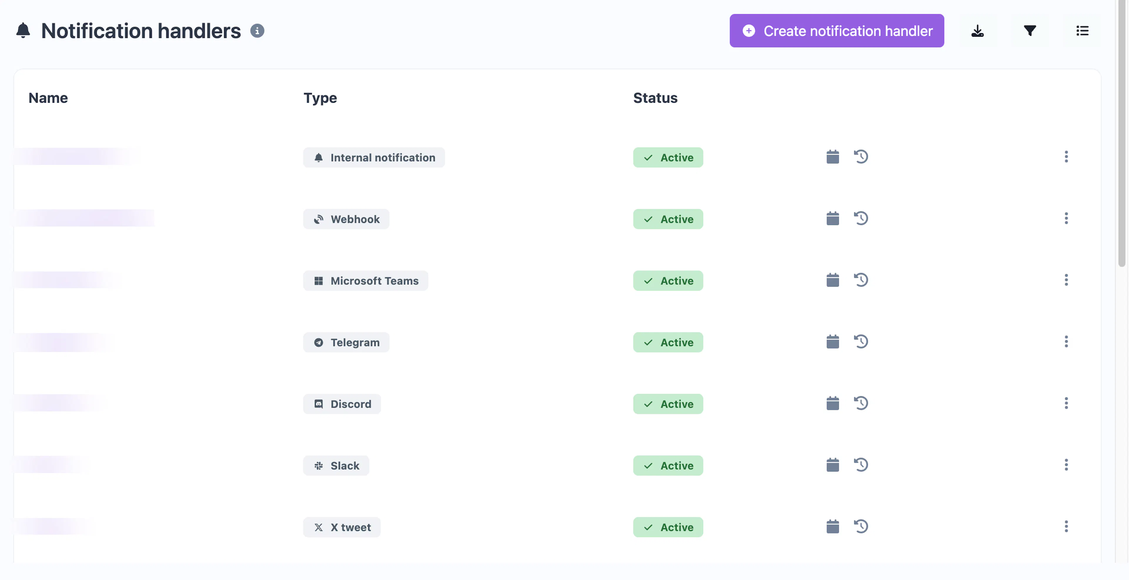 Notification handlers list showing configured email, webhook, and messaging integrations