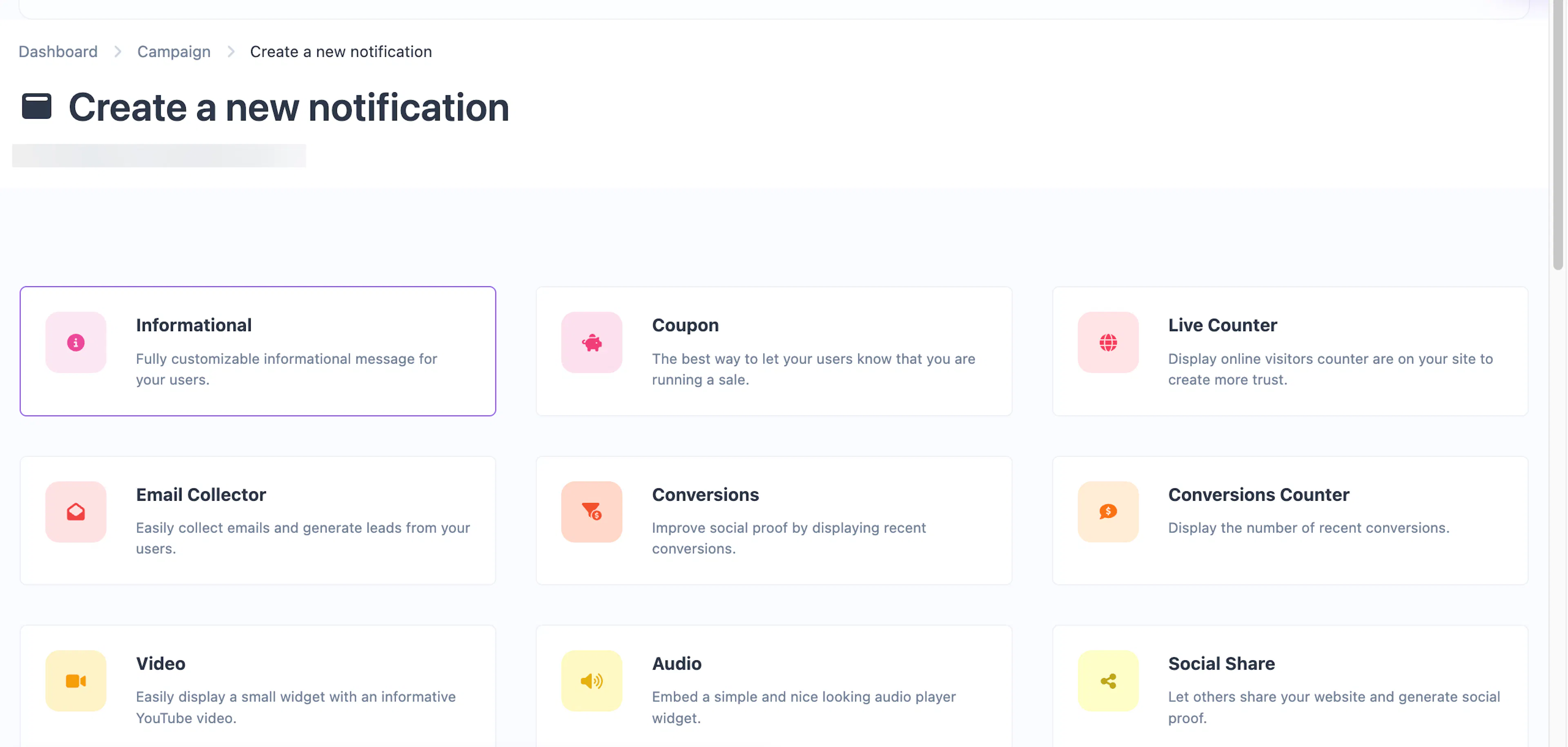 Notification type selection grid showing all available popup types
