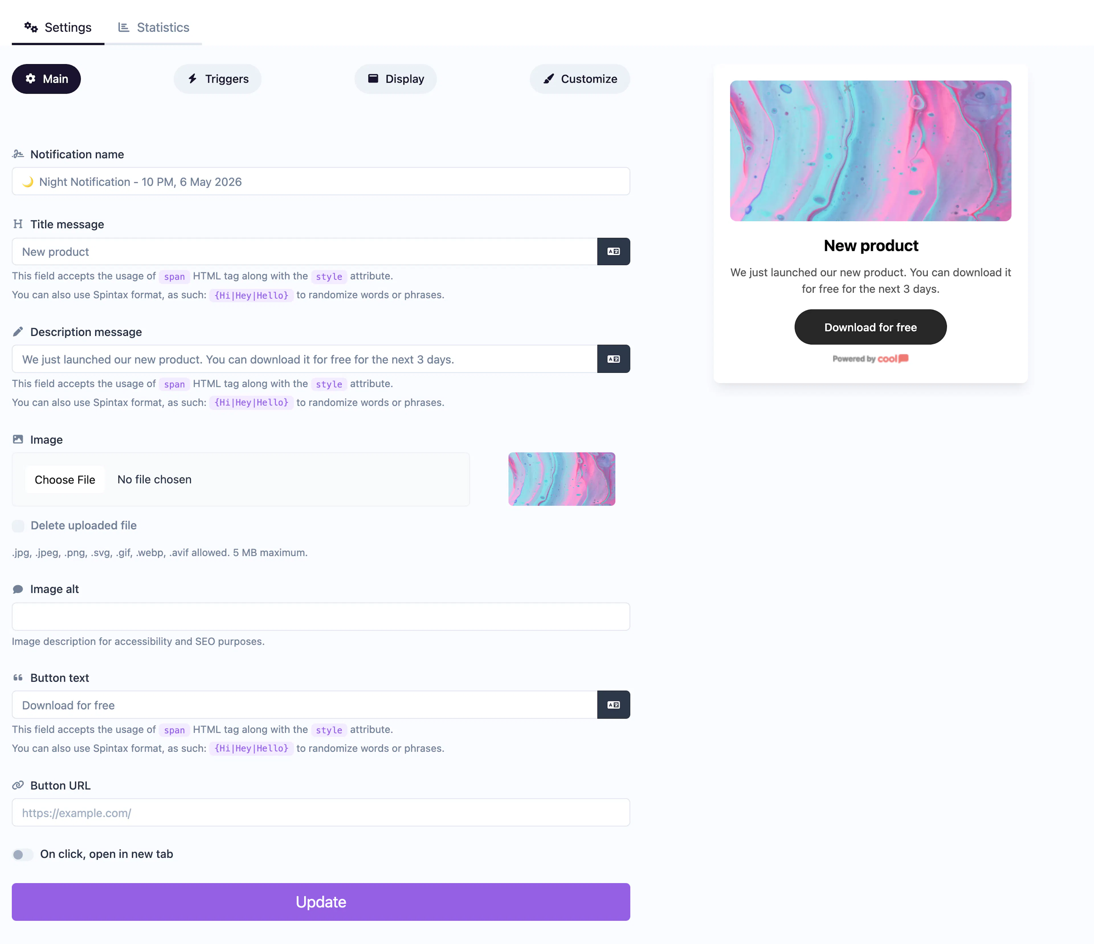 Button Modal notification editor