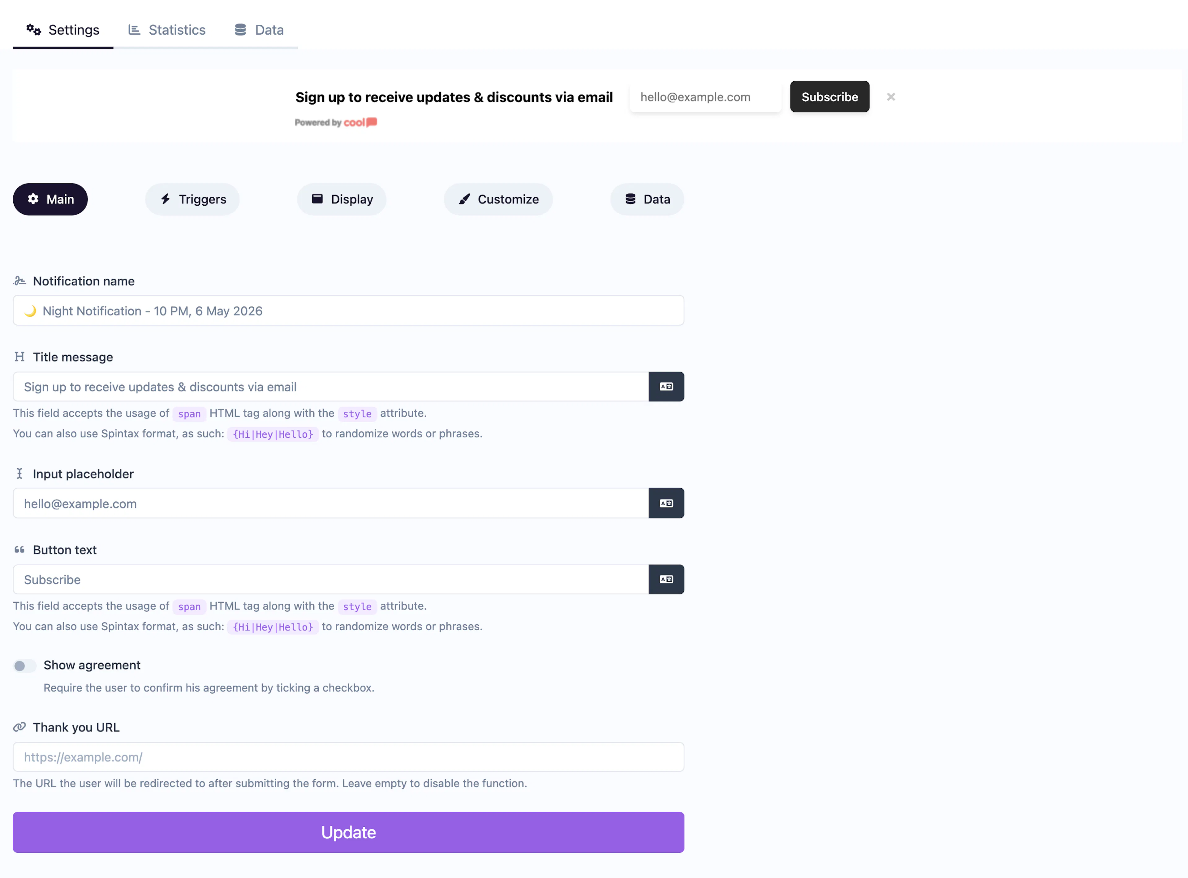 Collector Bar notification editor