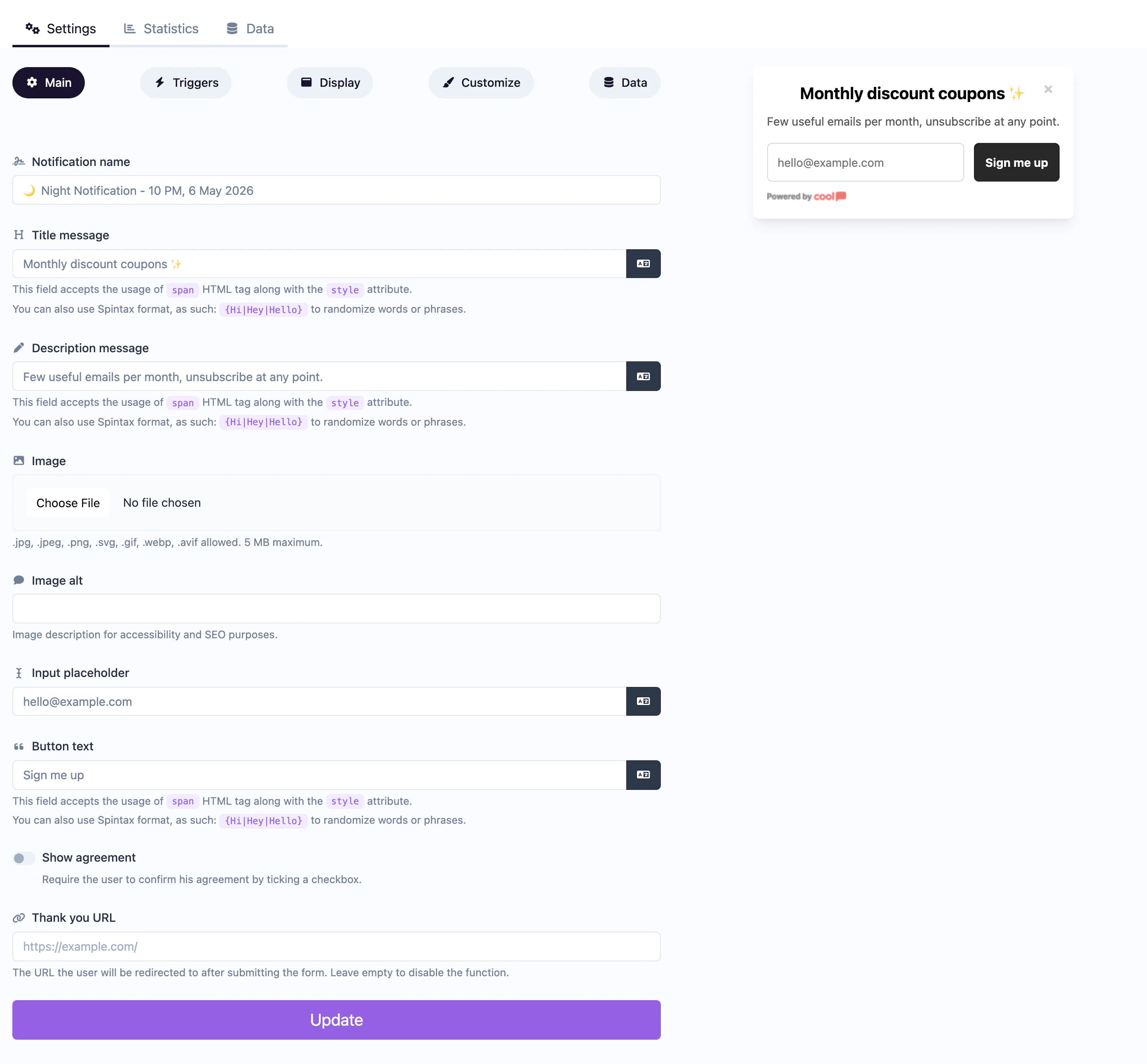 Collector Modal notification editor