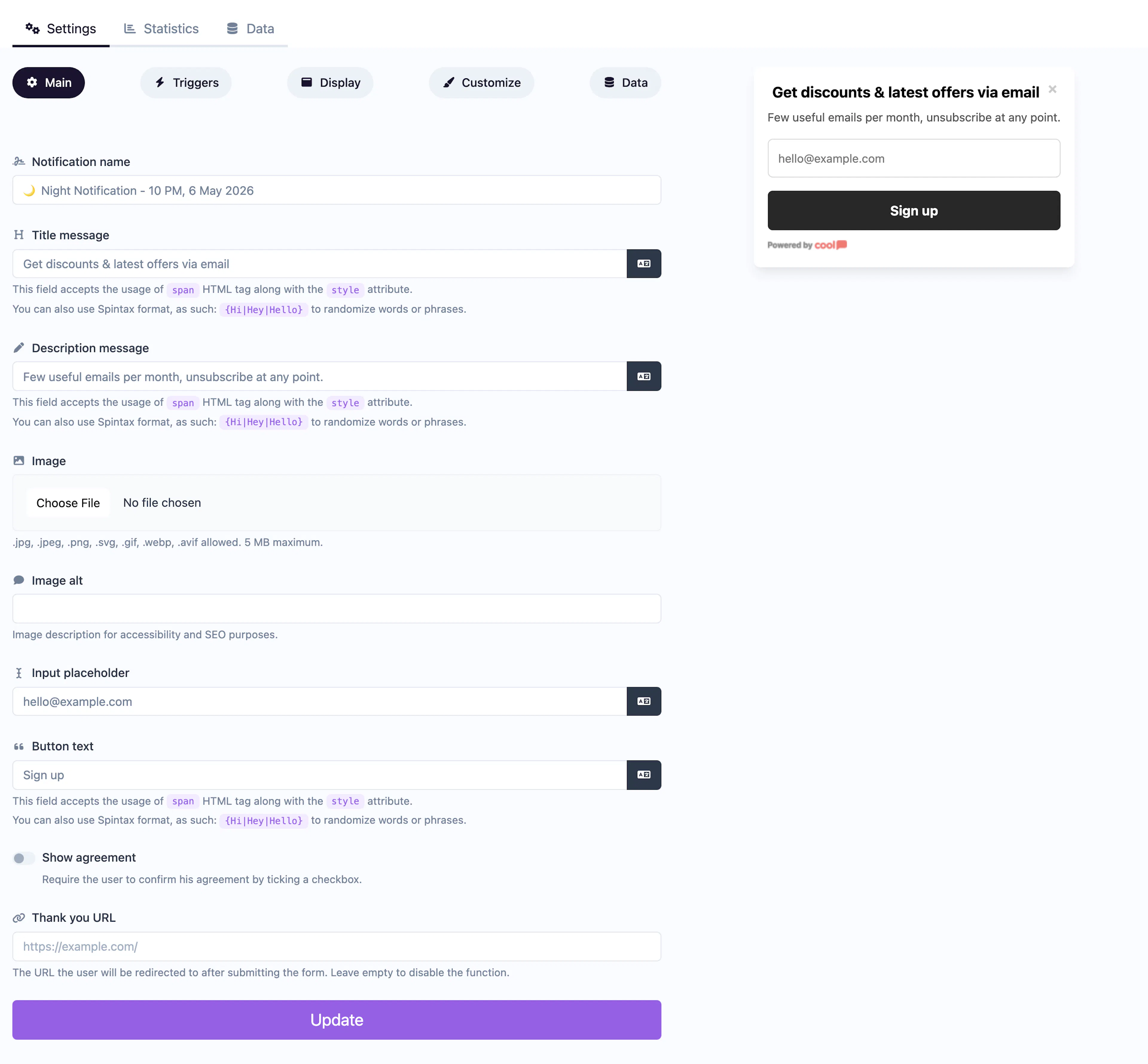 Collector Two Modal notification editor