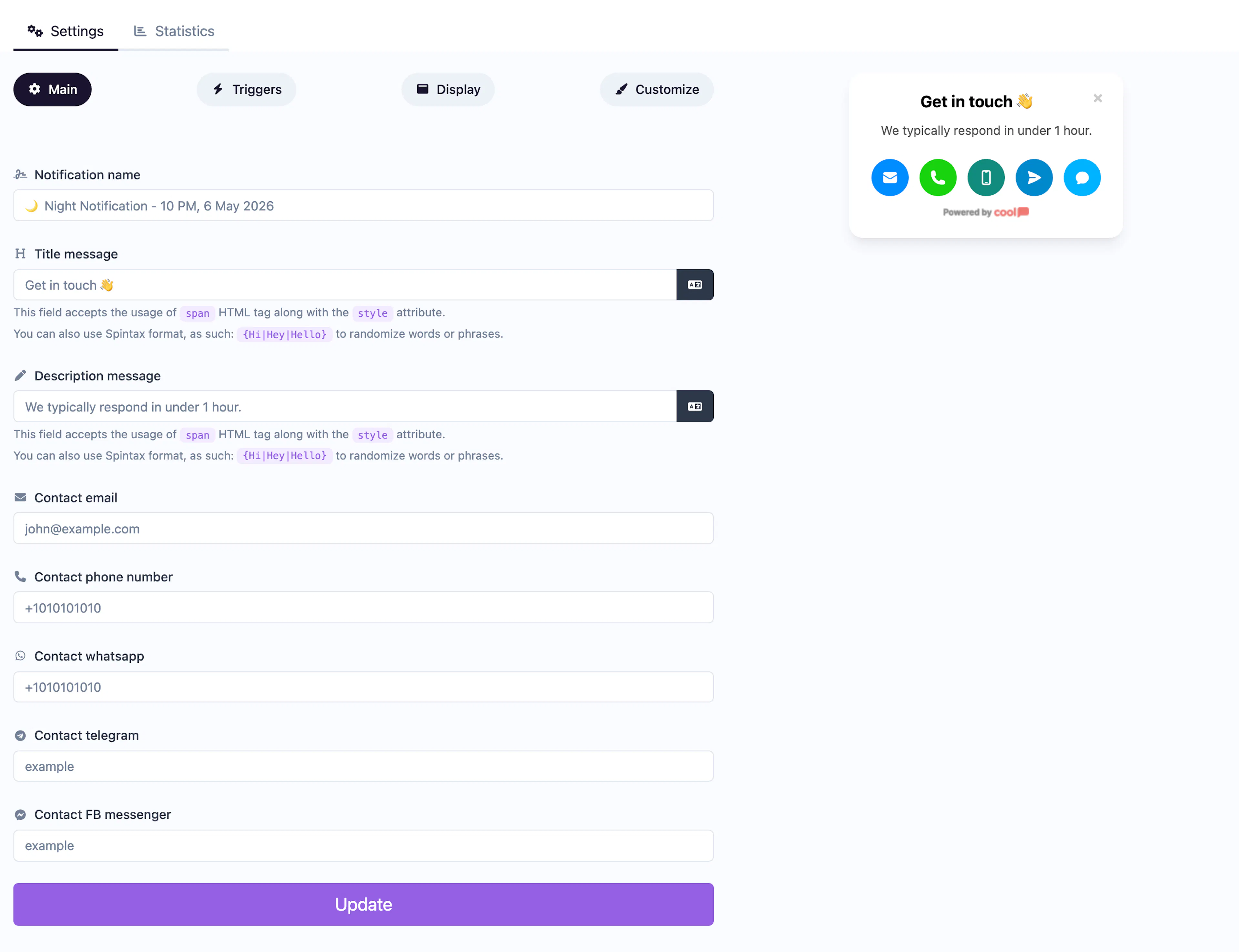 Contact Us notification editor
