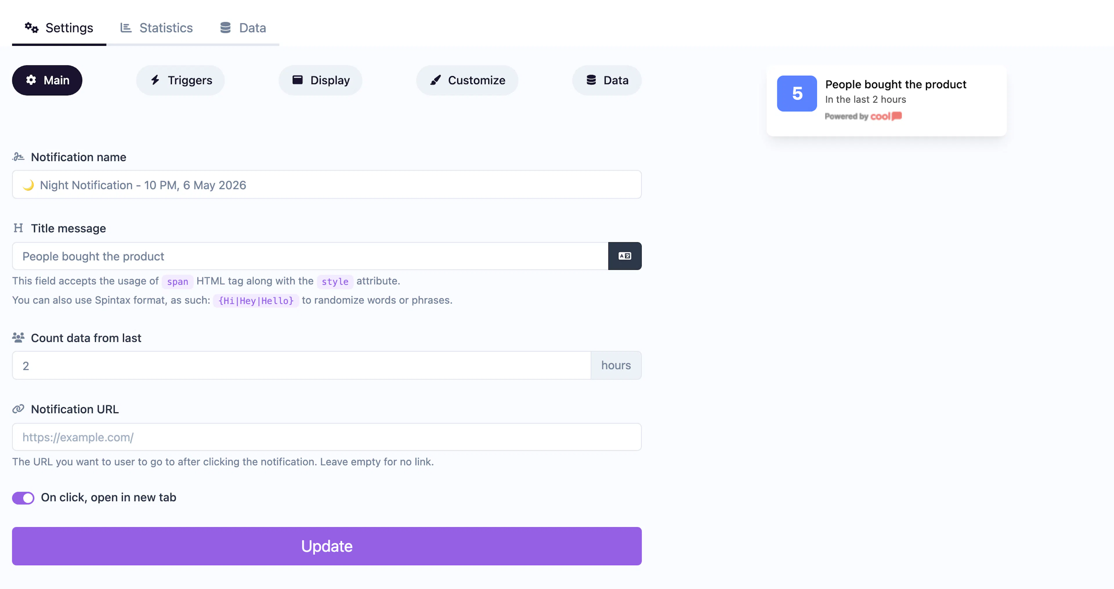 Conversions Counter notification editor