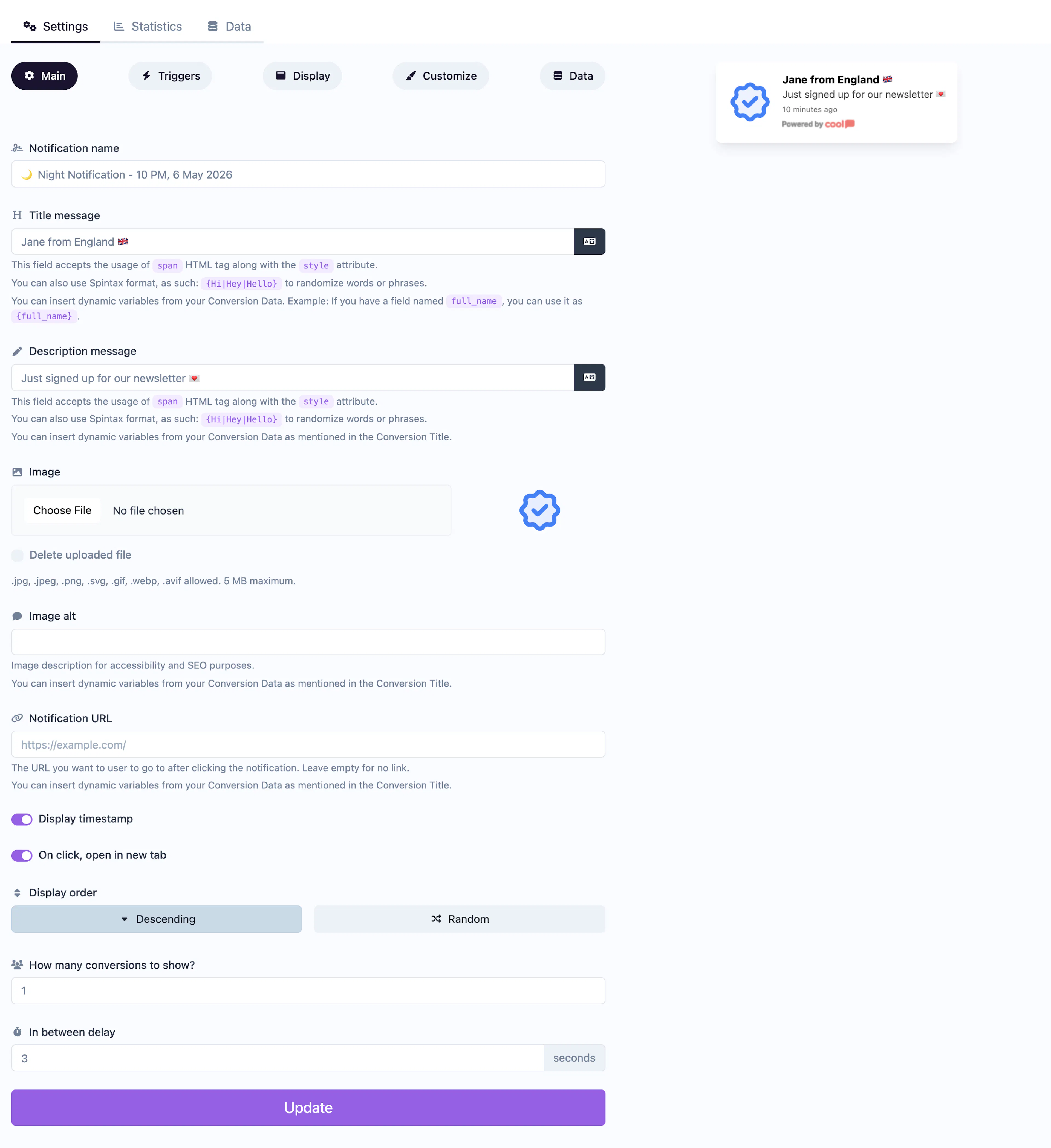 Conversions notification editor