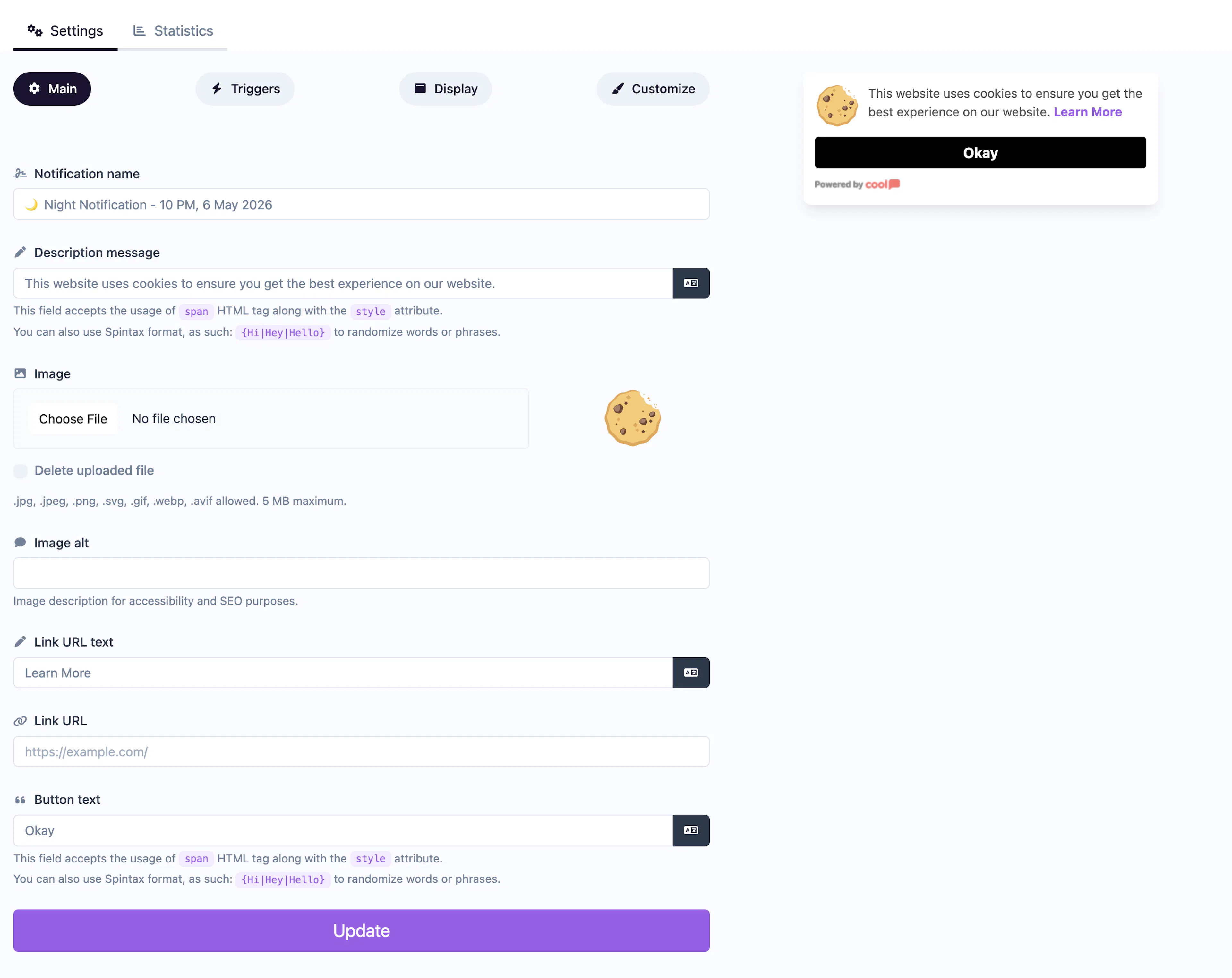 Cookie Notification editor