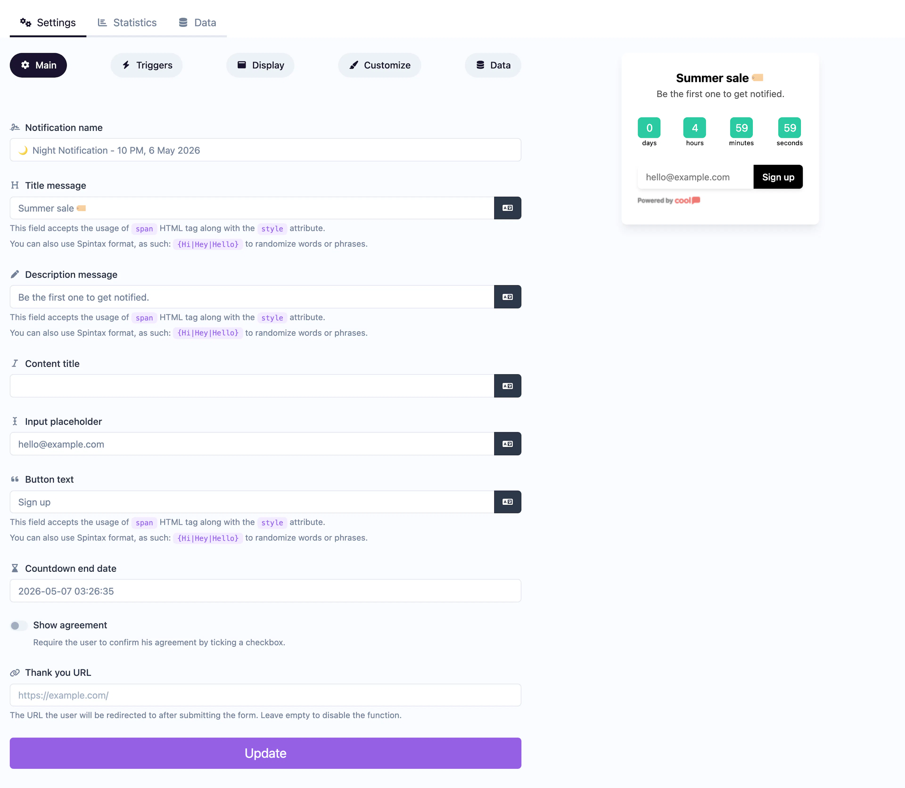Countdown Collector notification editor