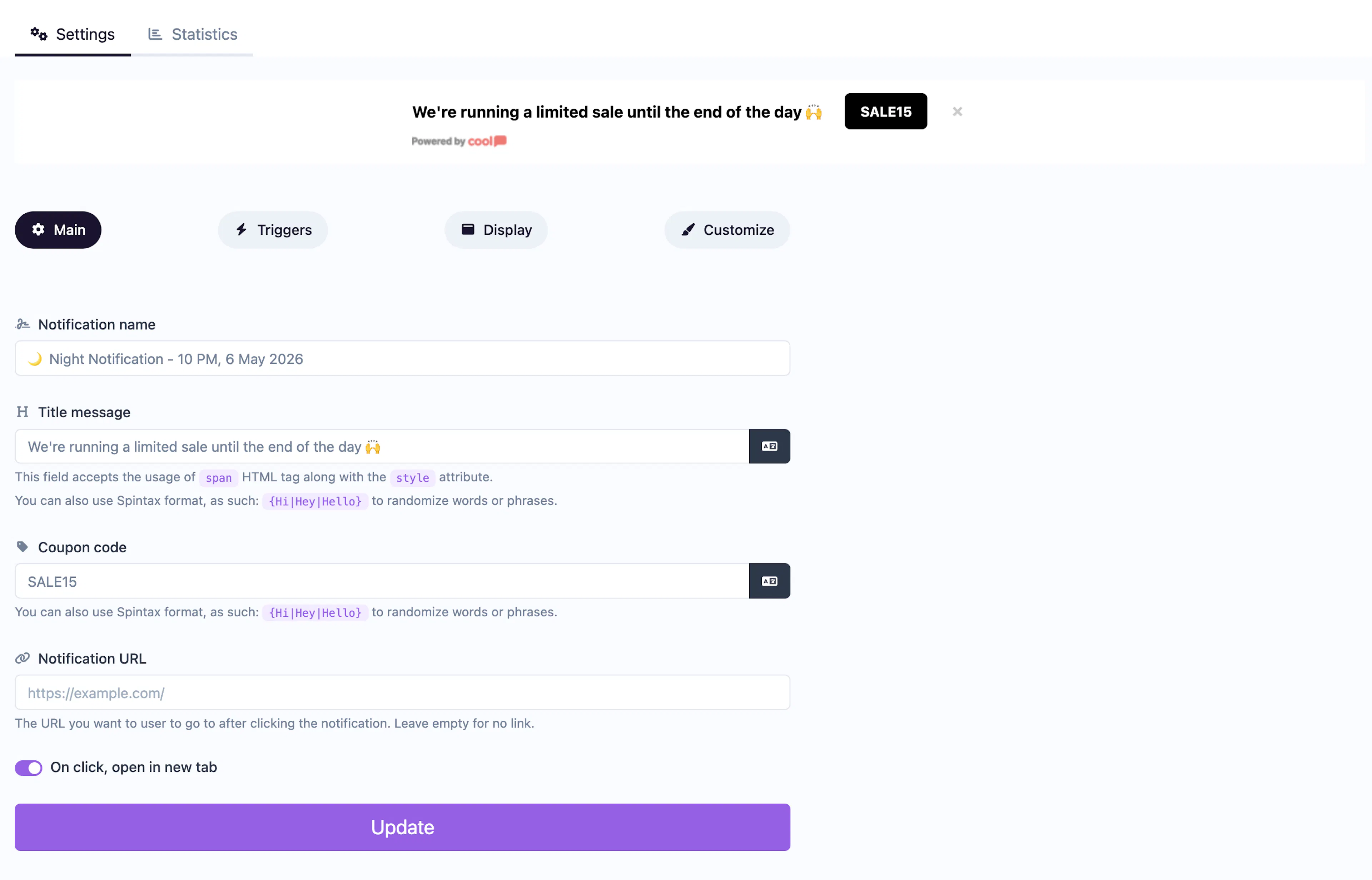 Coupon Bar notification editor
