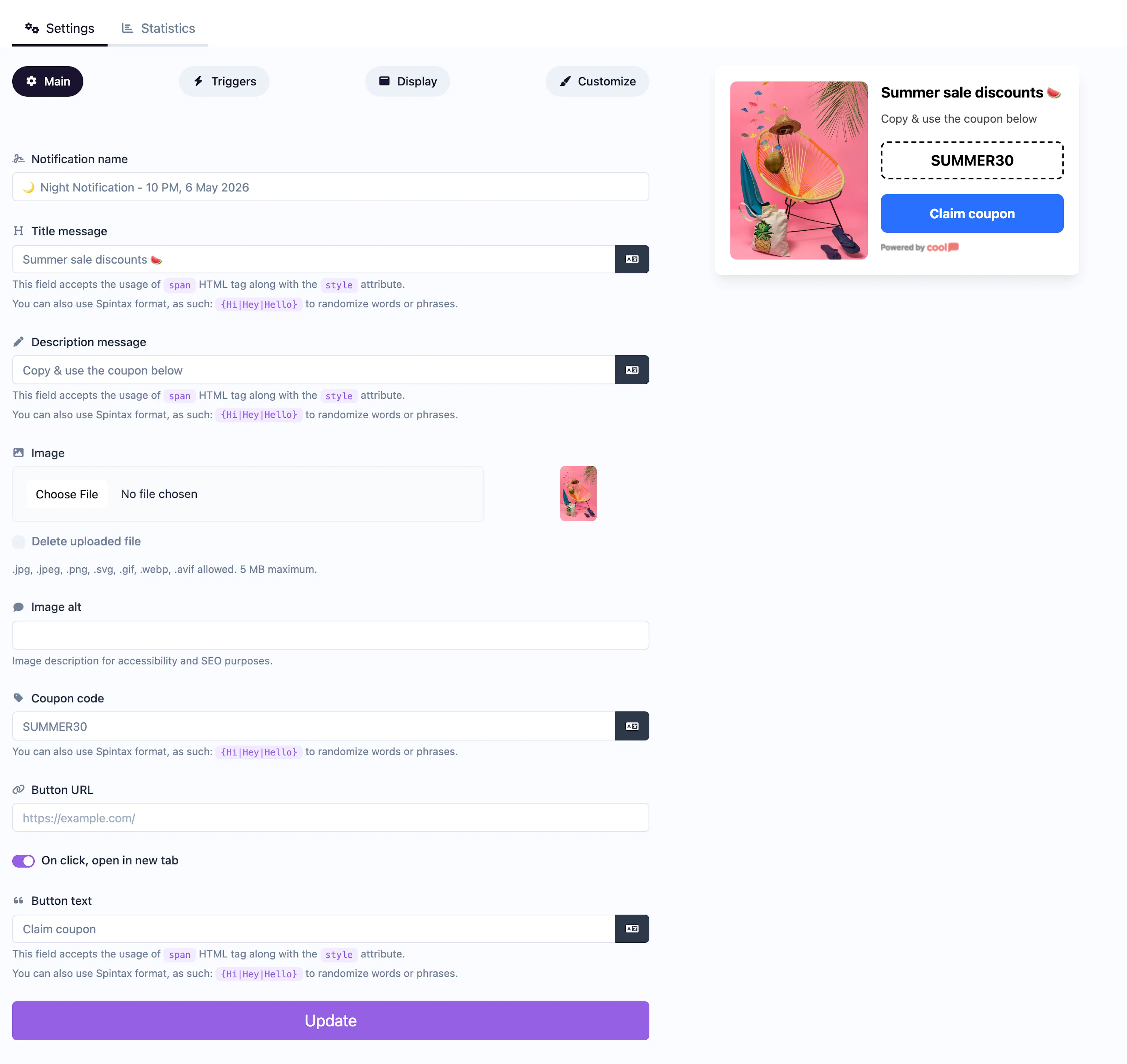 Coupon notification editor