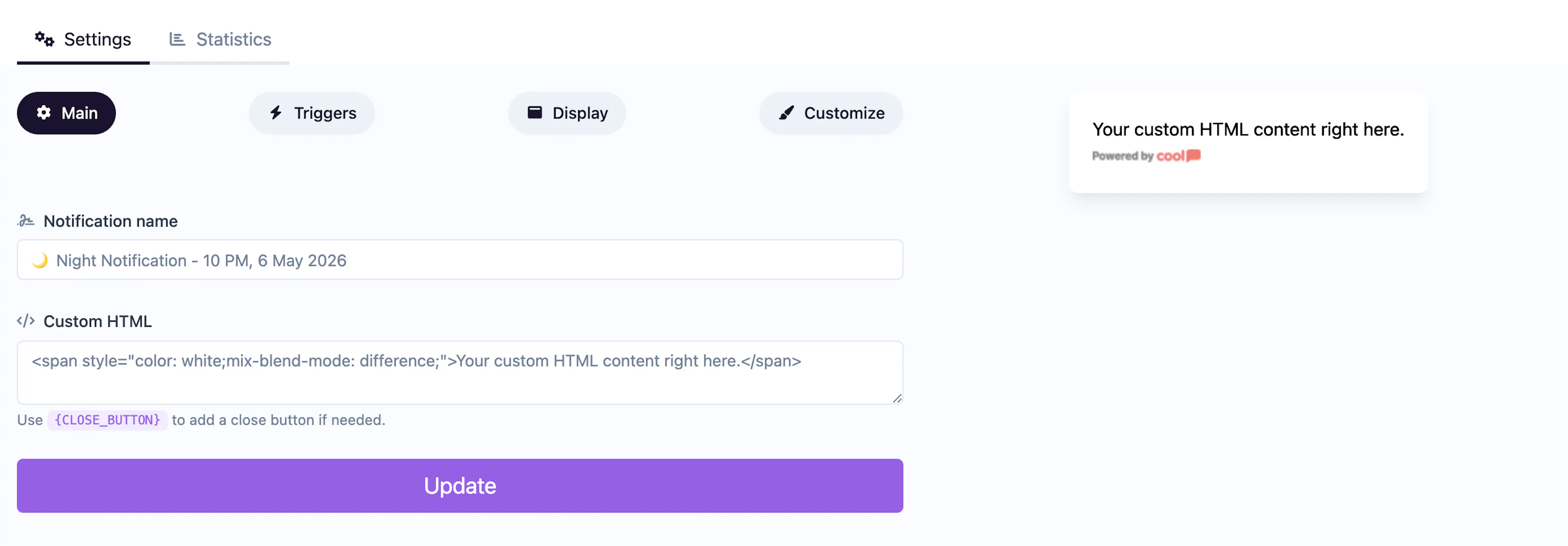 Custom HTML notification editor