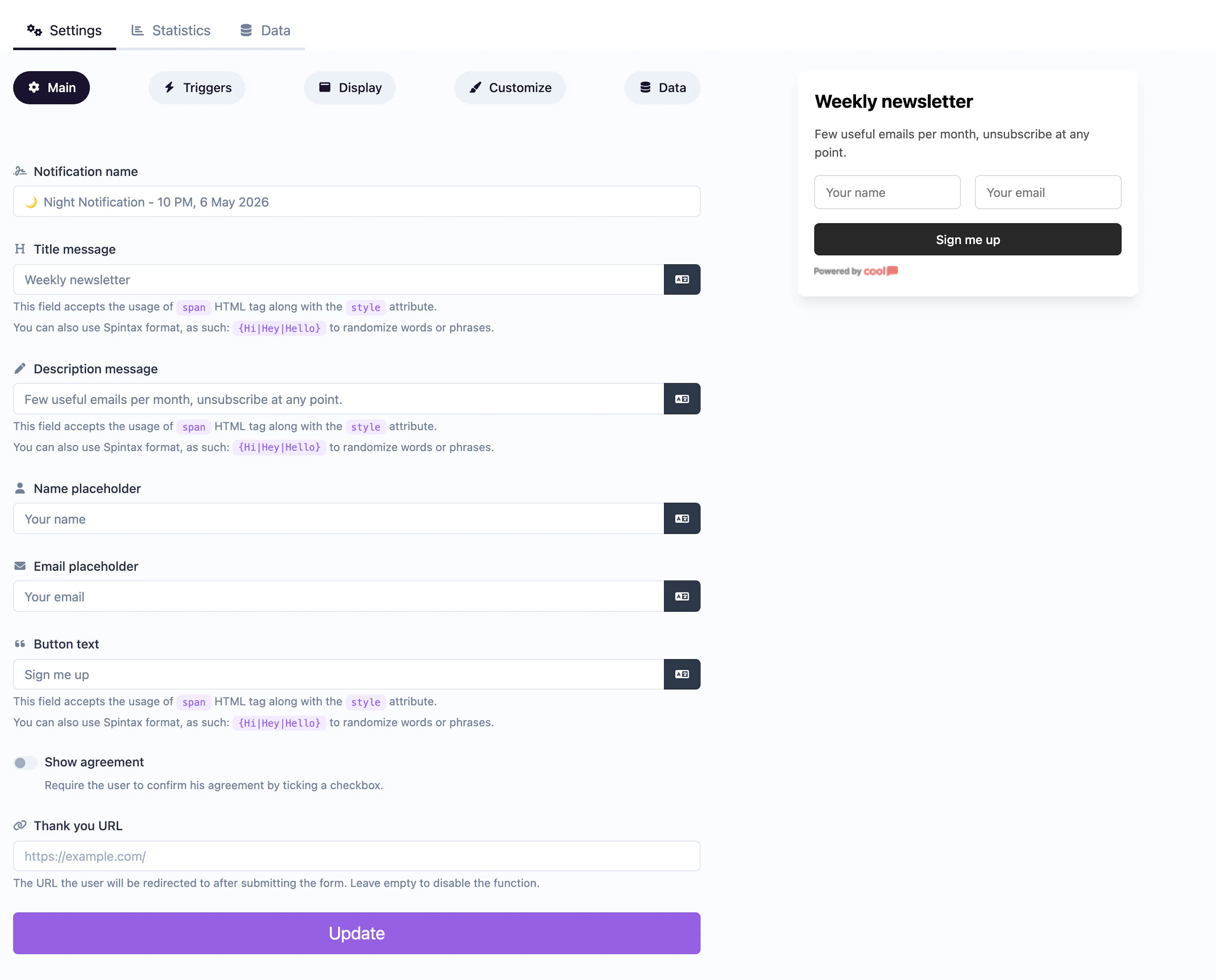 Email Collector notification editor