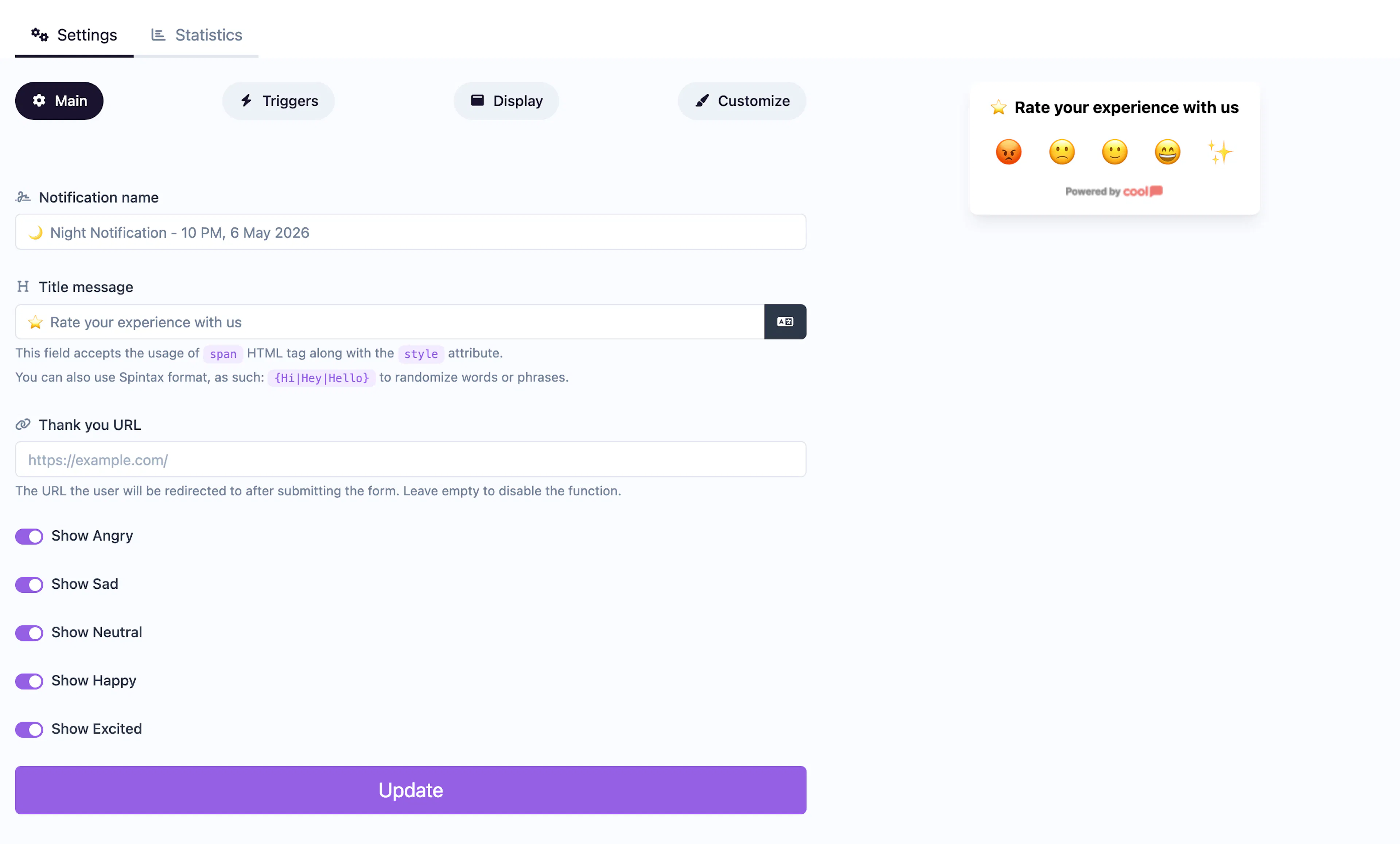 Emoji Feedback notification editor