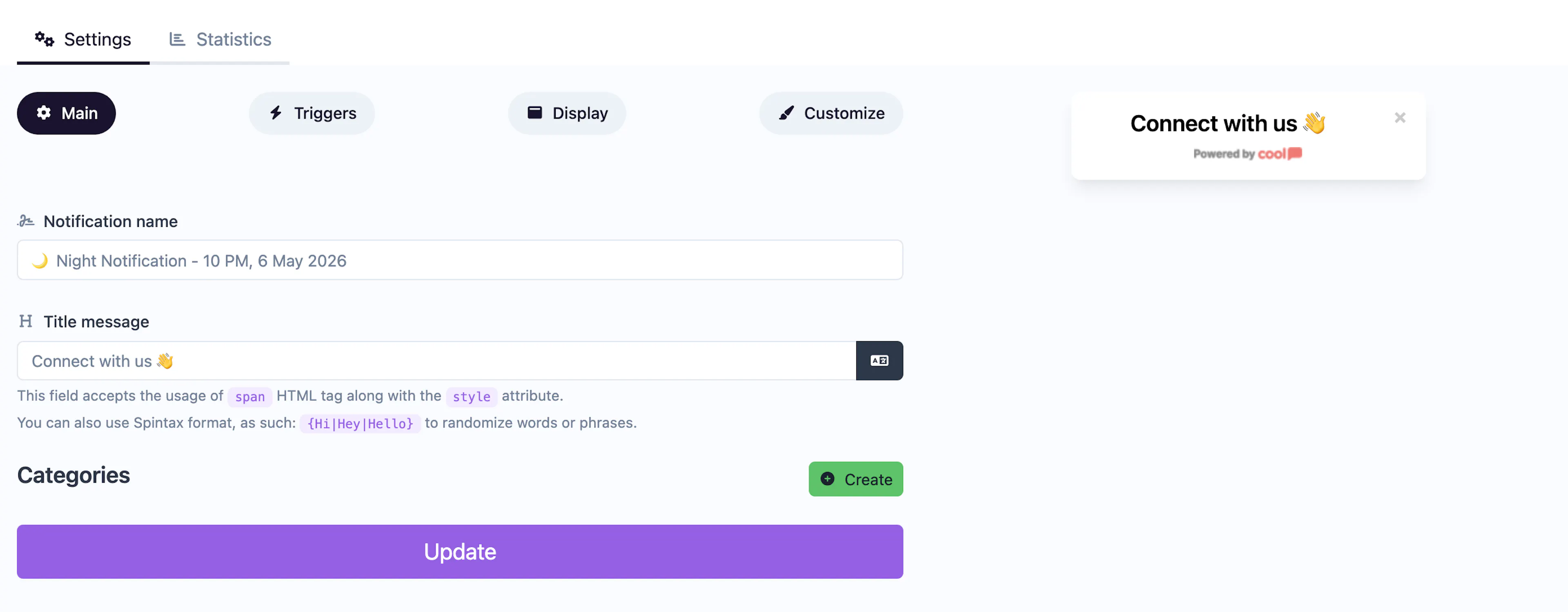 Engagement Links notification editor