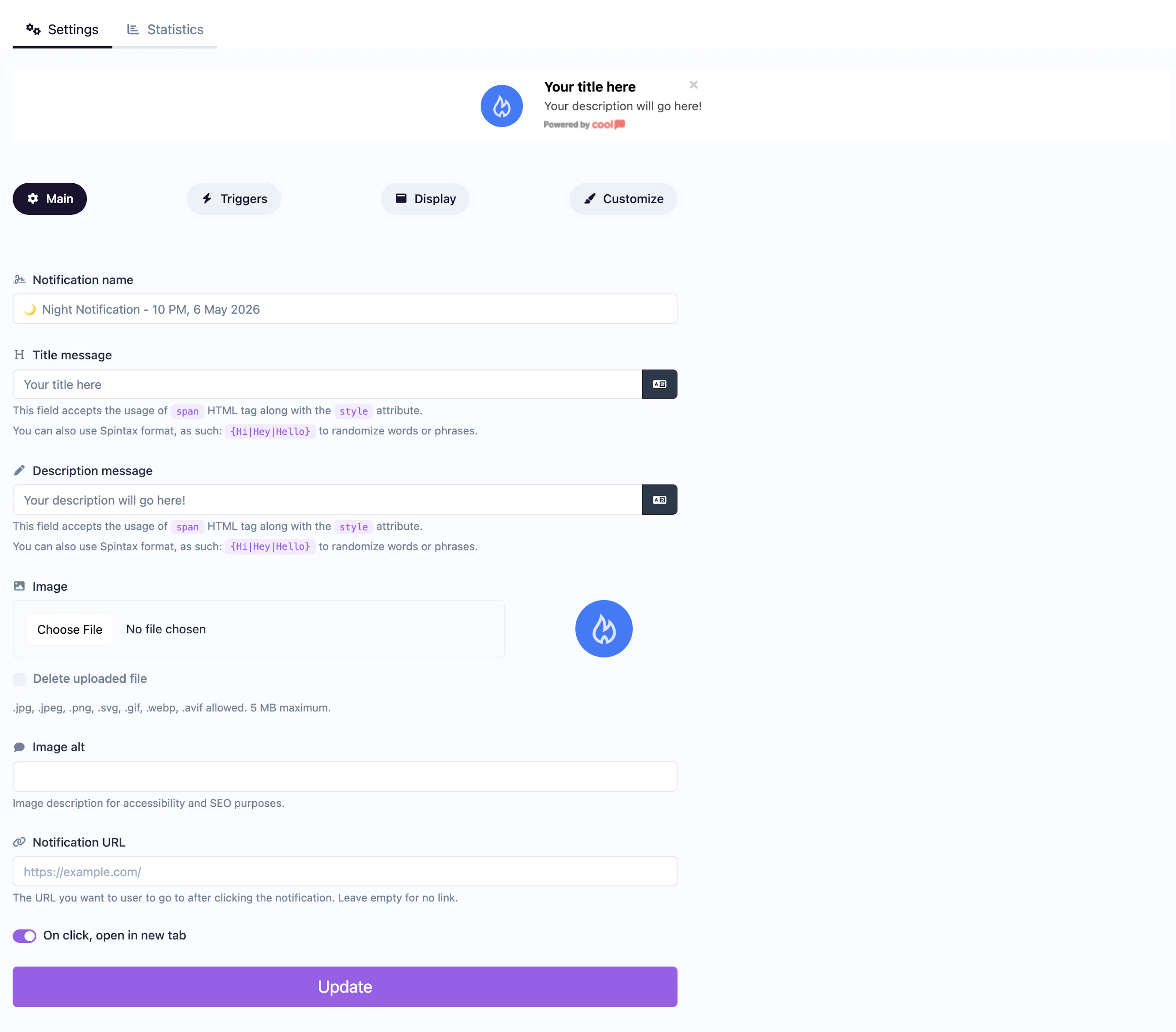 Informational Bar notification editor