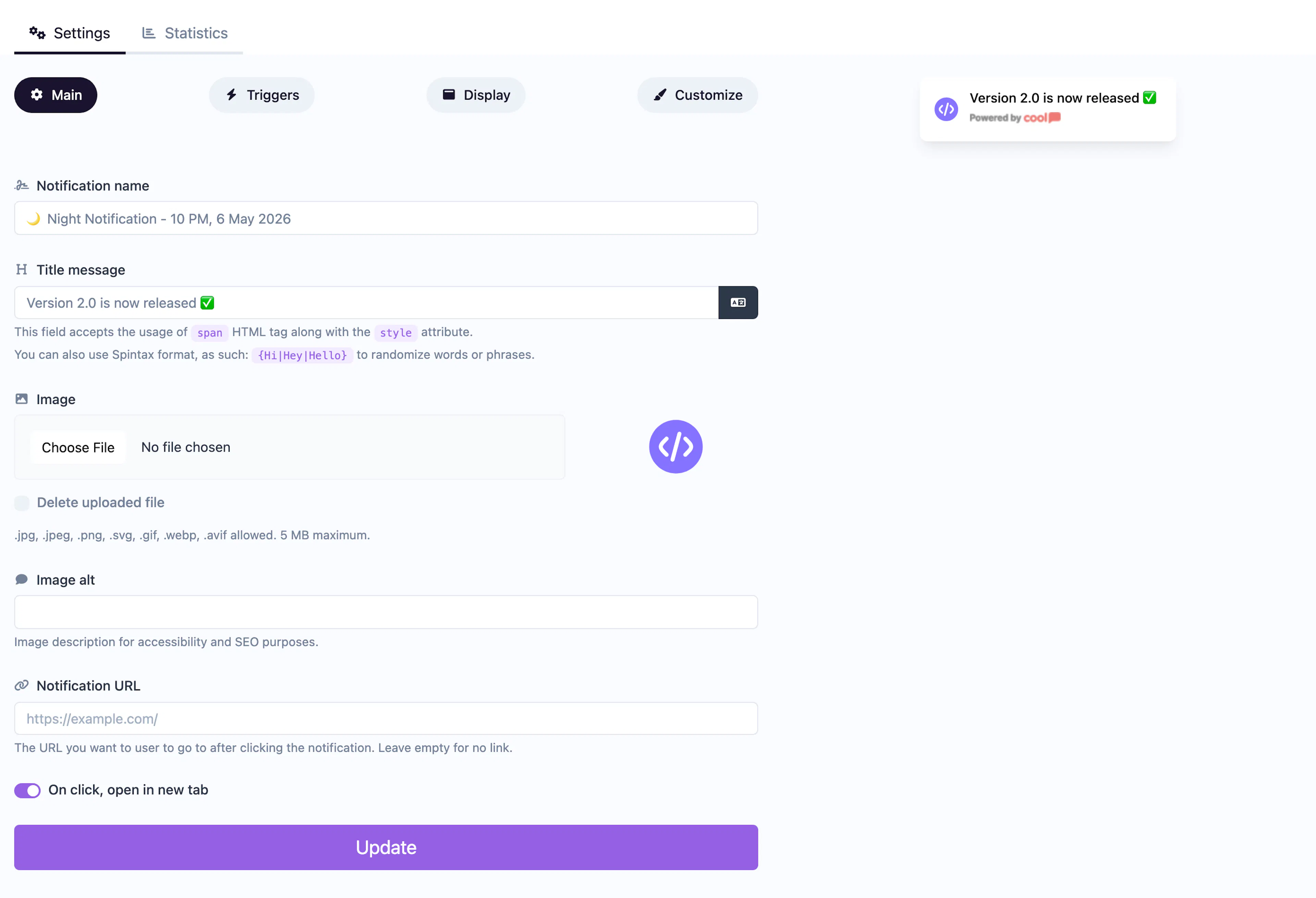 Informational Mini notification editor