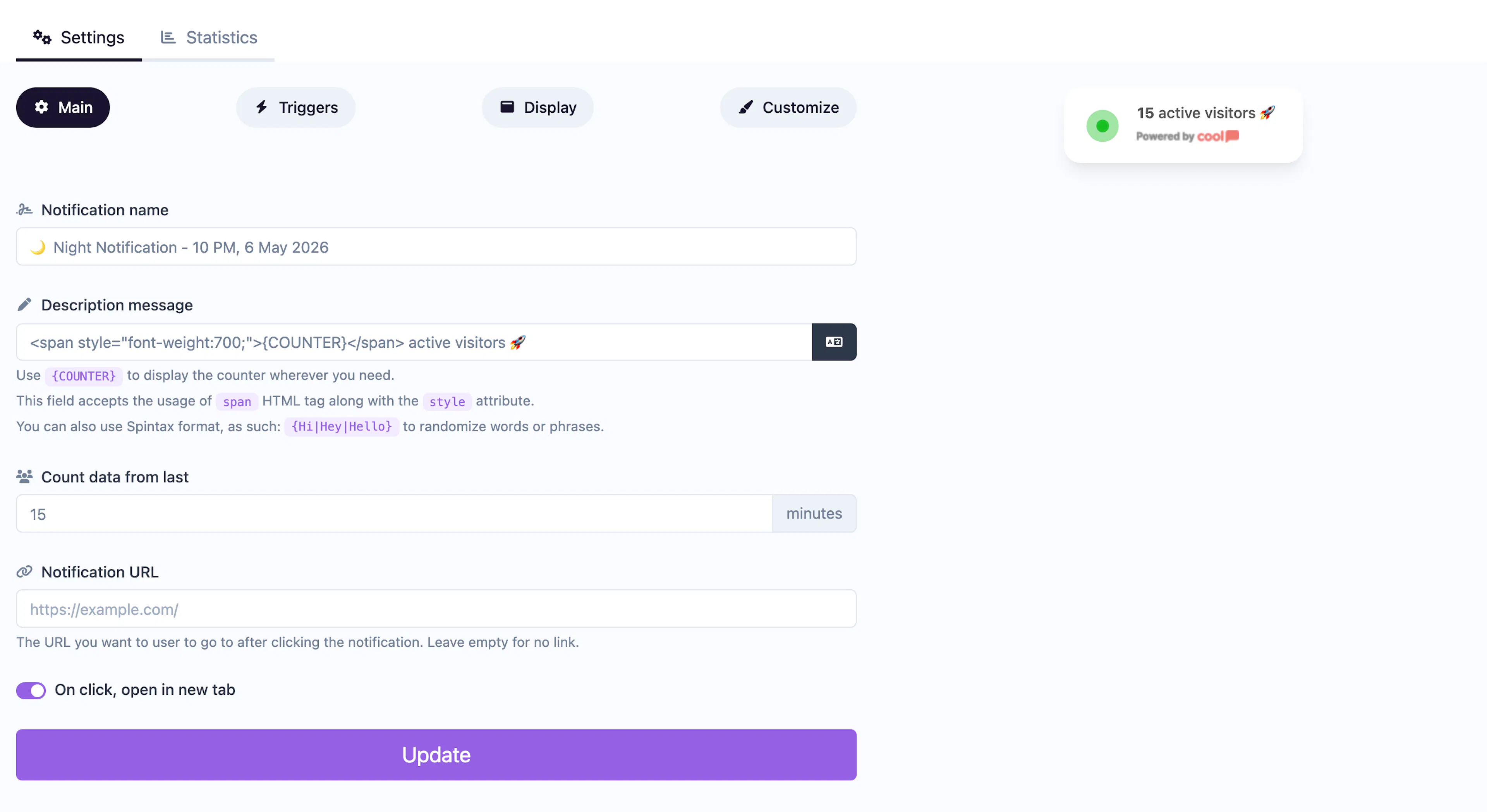 Live Counter notification editor