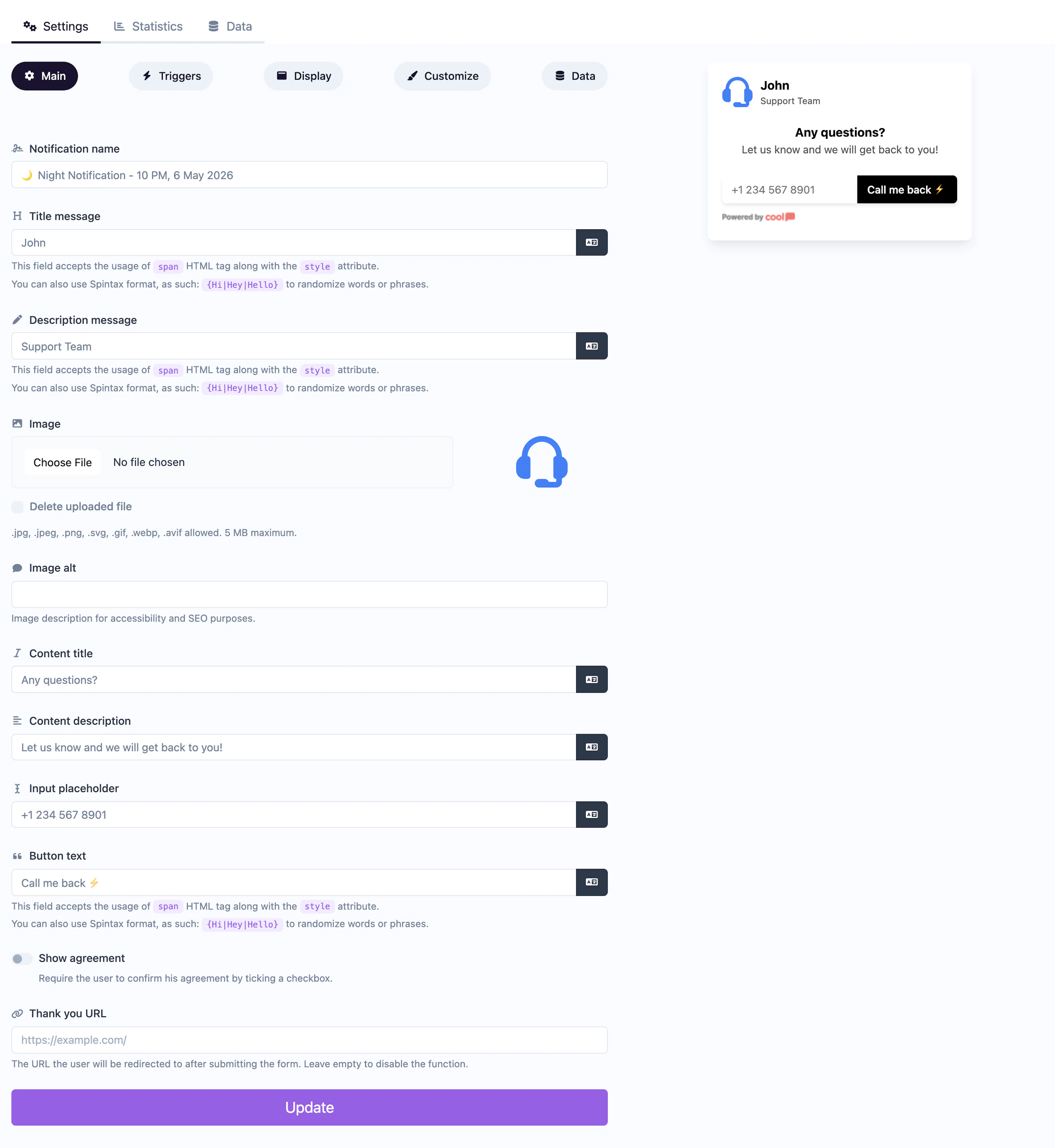 Request Collector notification editor