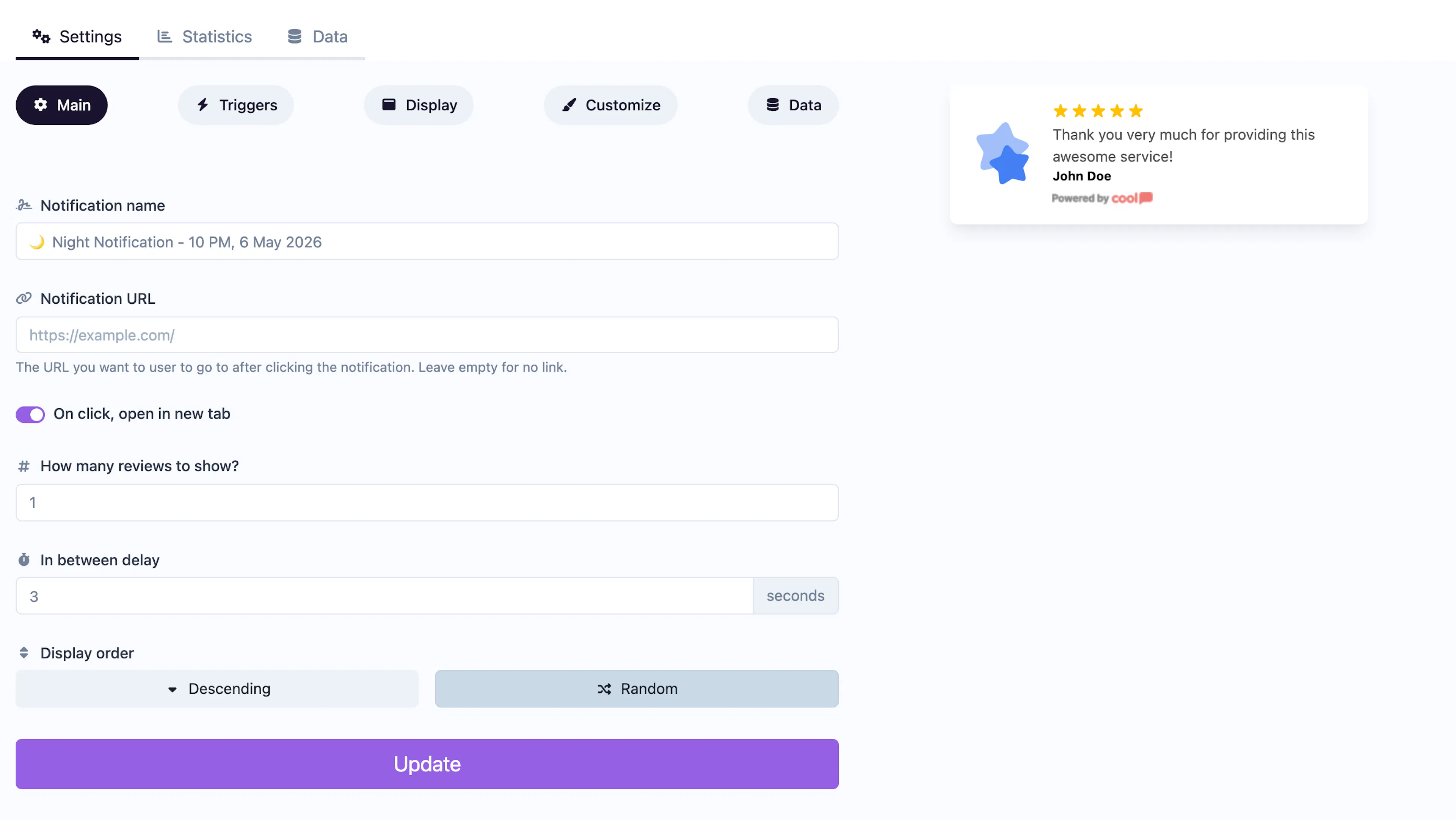 Reviews notification editor